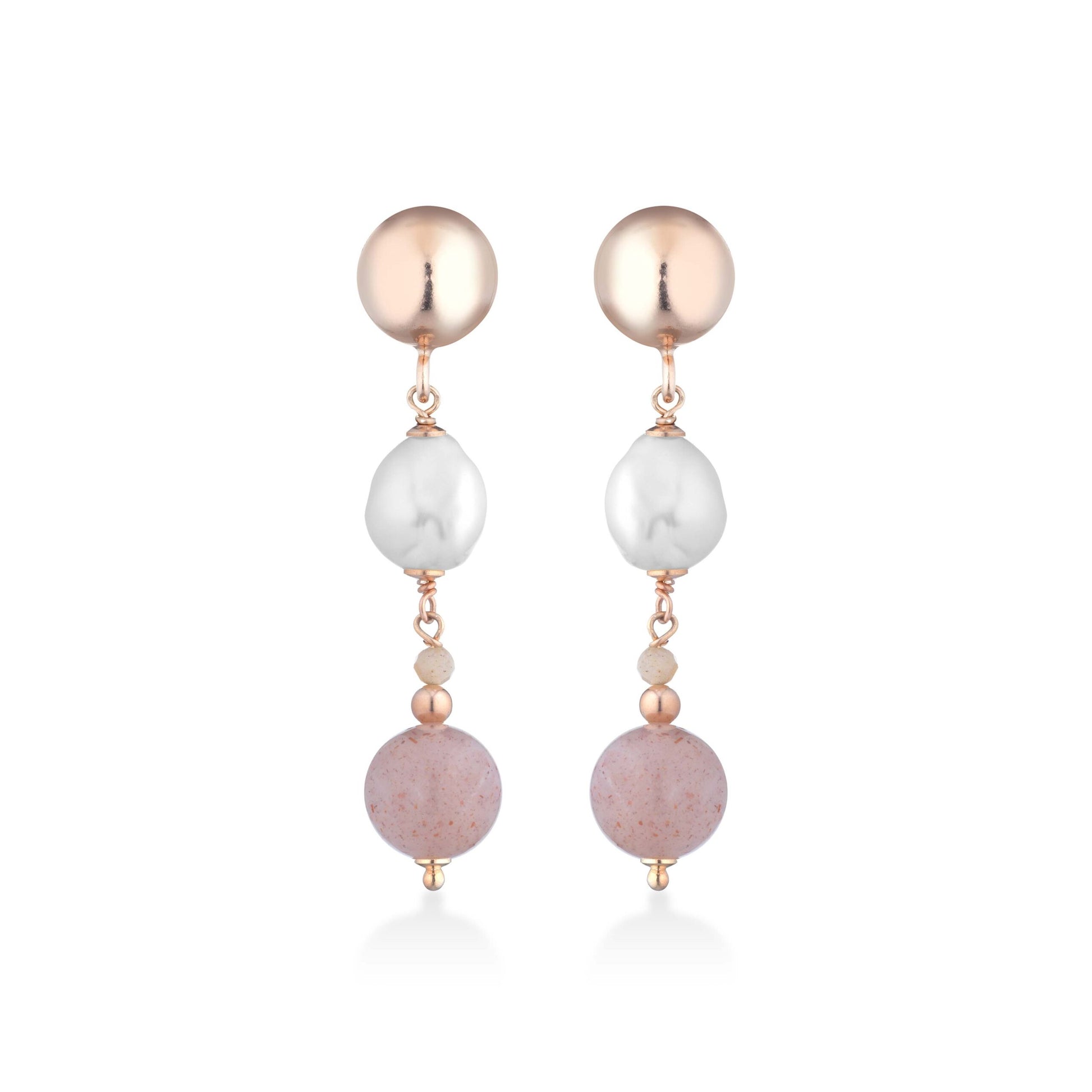 Orecchini con perle d'acqua dolce, moonstone ed argento rosa