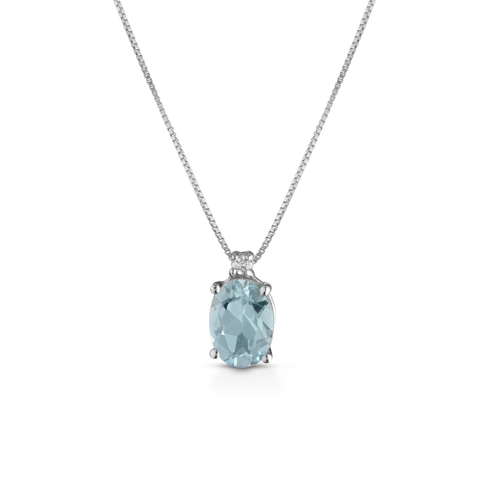 Pendente con catena in oro bianco 18kt, diamanti e acquamarina