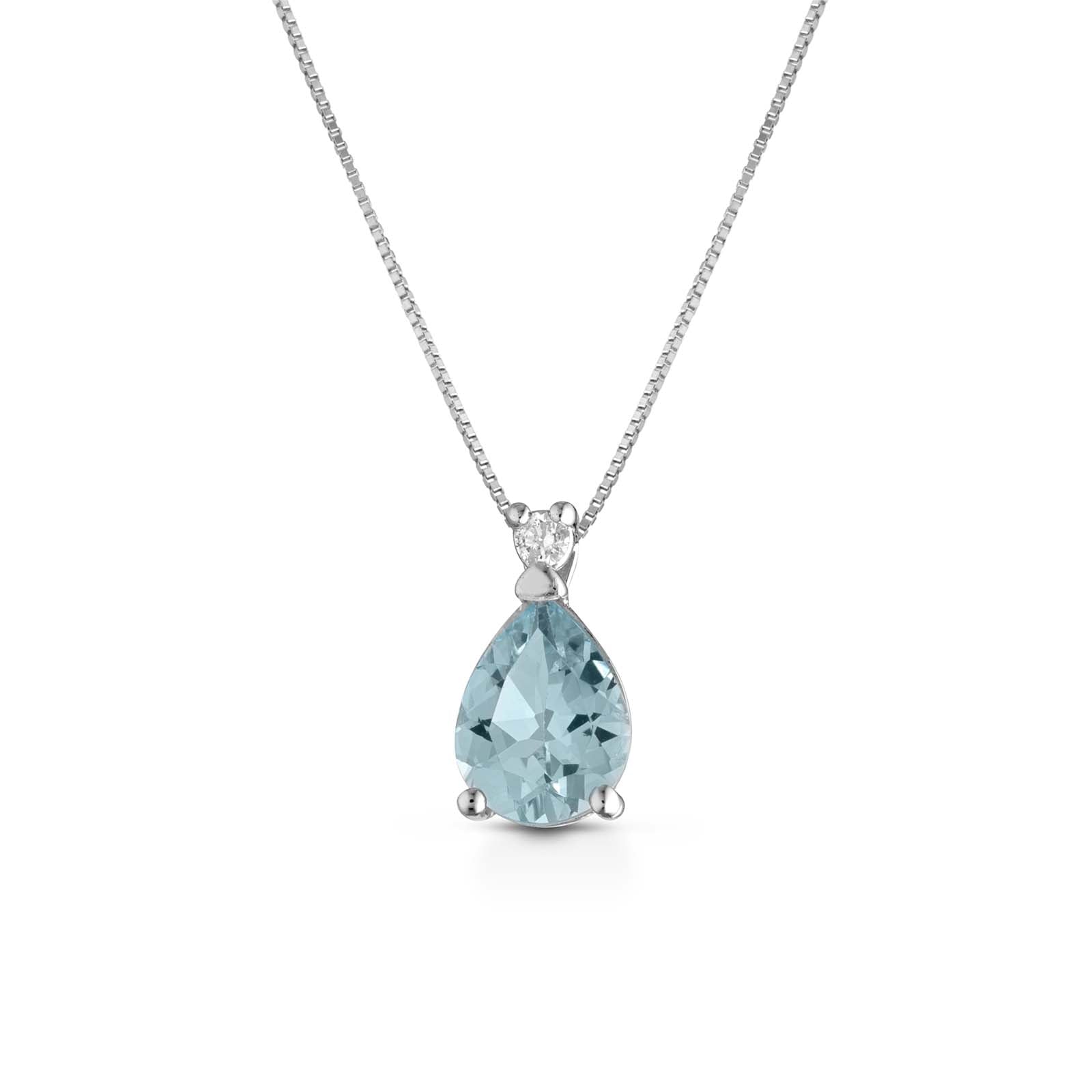 Pendente con catena in oro bianco 18kt, diamanti e acquamarina