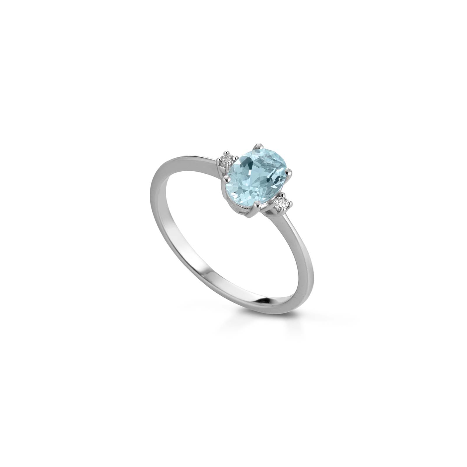 Anello in oro bianco 18kt, diamanti e acquamarina