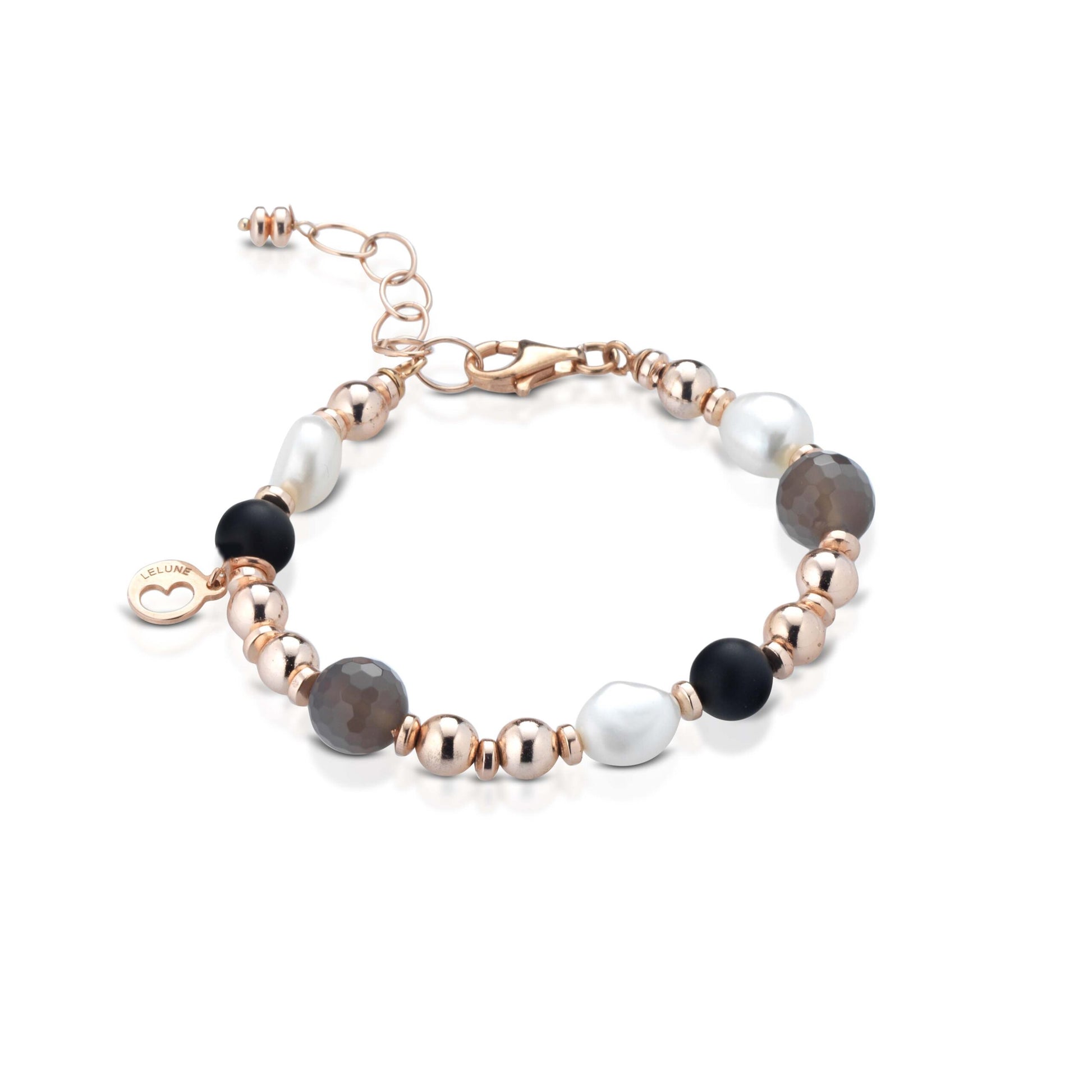 Bracciale con perle d'acqua dolce, ema, quarzo fumè, onice ed argento rosa