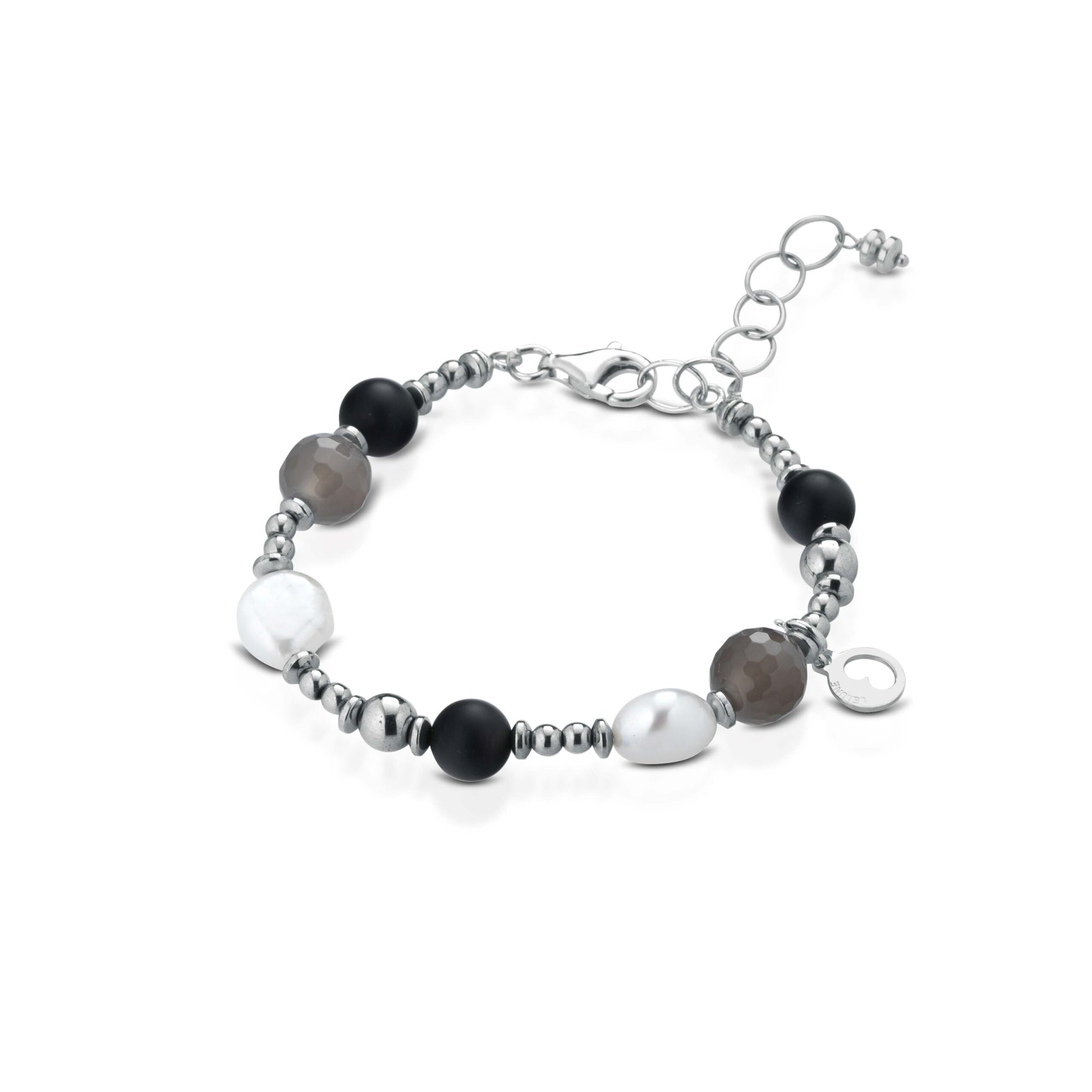 Bracciale con perle d'acqua dolce, ema, quarzo fumè, onice ed argento rosa