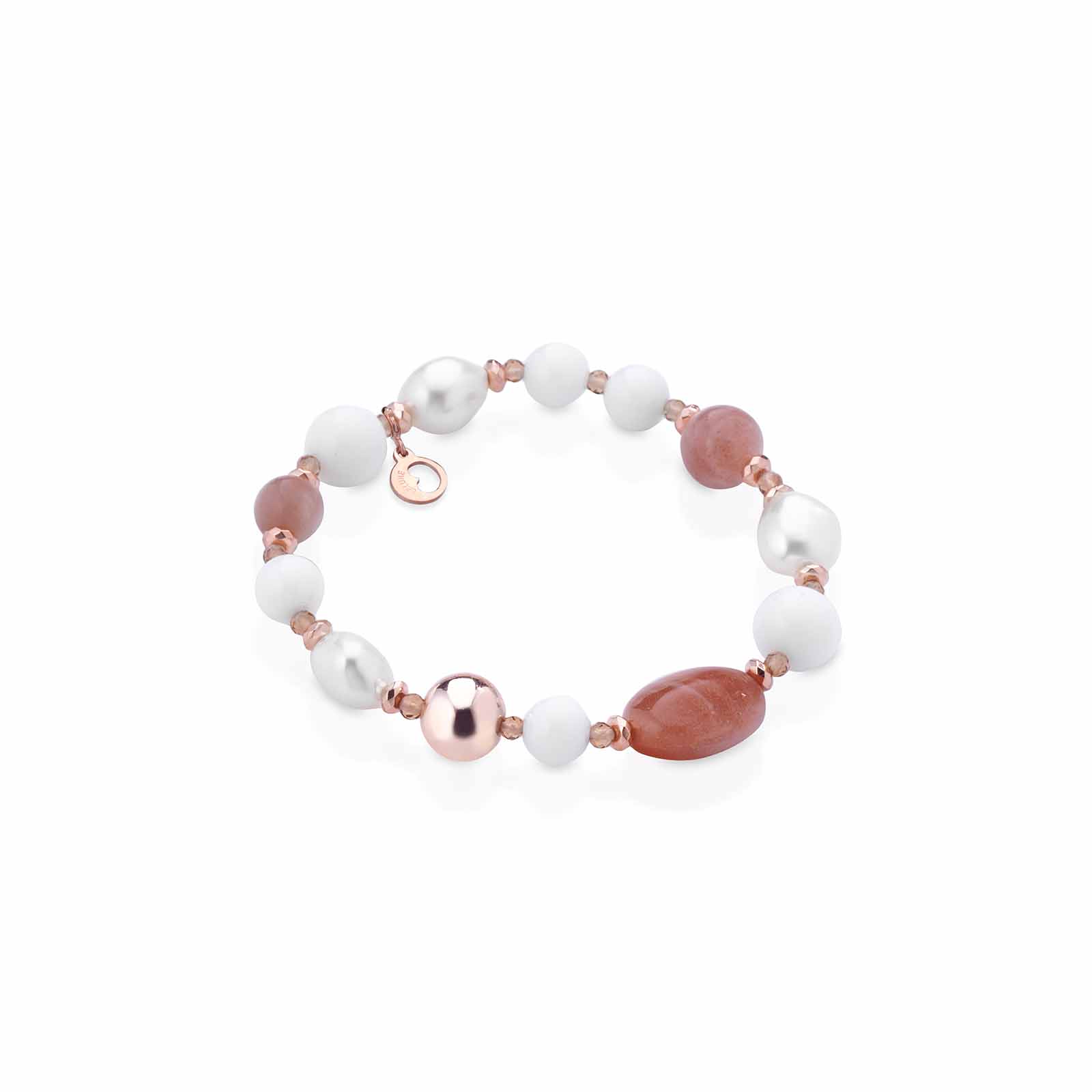 Bracciale elastico con perle d'acqua dolce, agata bianca, moonstone ed argento rosa