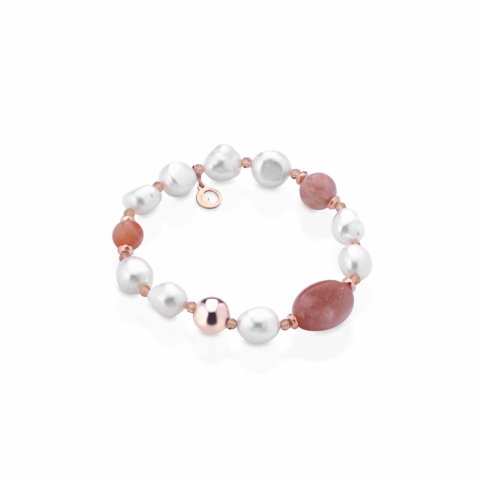 Bracciale elastico con perle d'acqua dolce, moonstone ed argento rosa