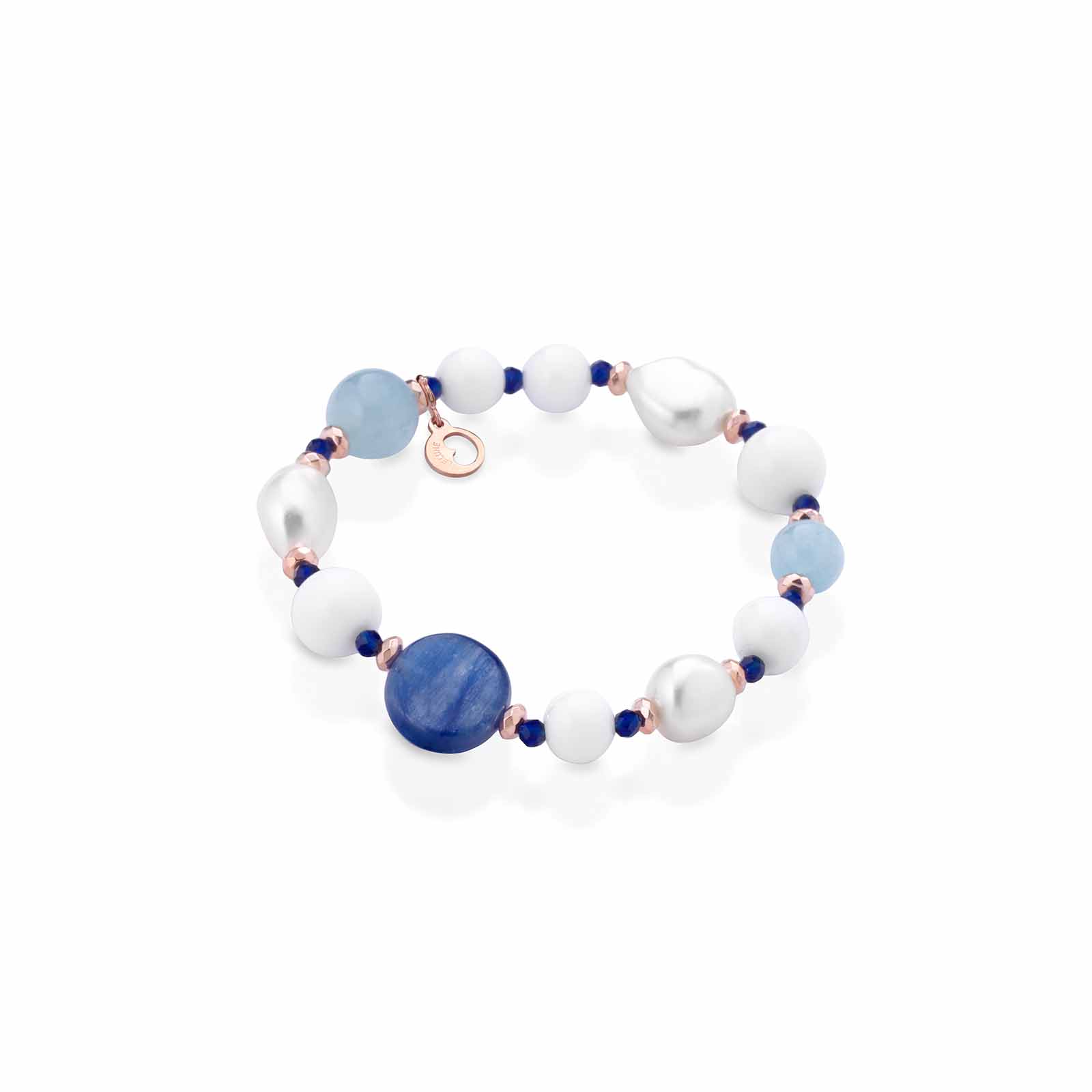 Bracciale elastico con perle d'acqua dolce, agata bianca, cianite, acquamarina ed argento rosa
