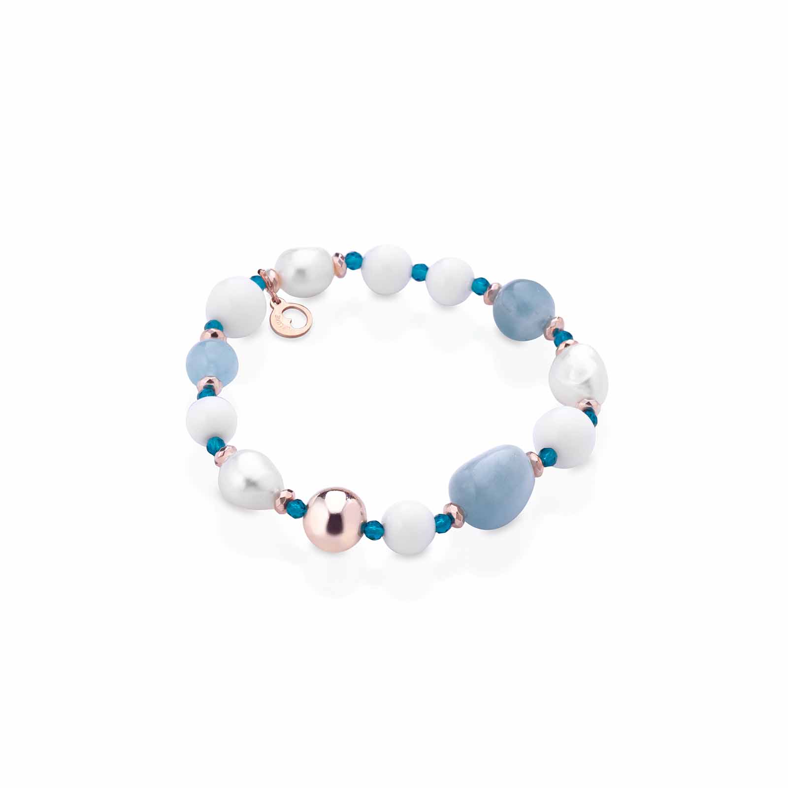 Bracciale elastico con perle d'acqua dolce, agata bianca, acquamarina ed argento rosa