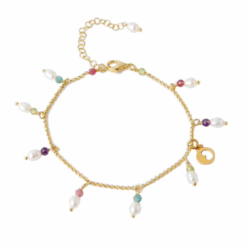 Young Summer | Silver anklet with pearls and colored stones