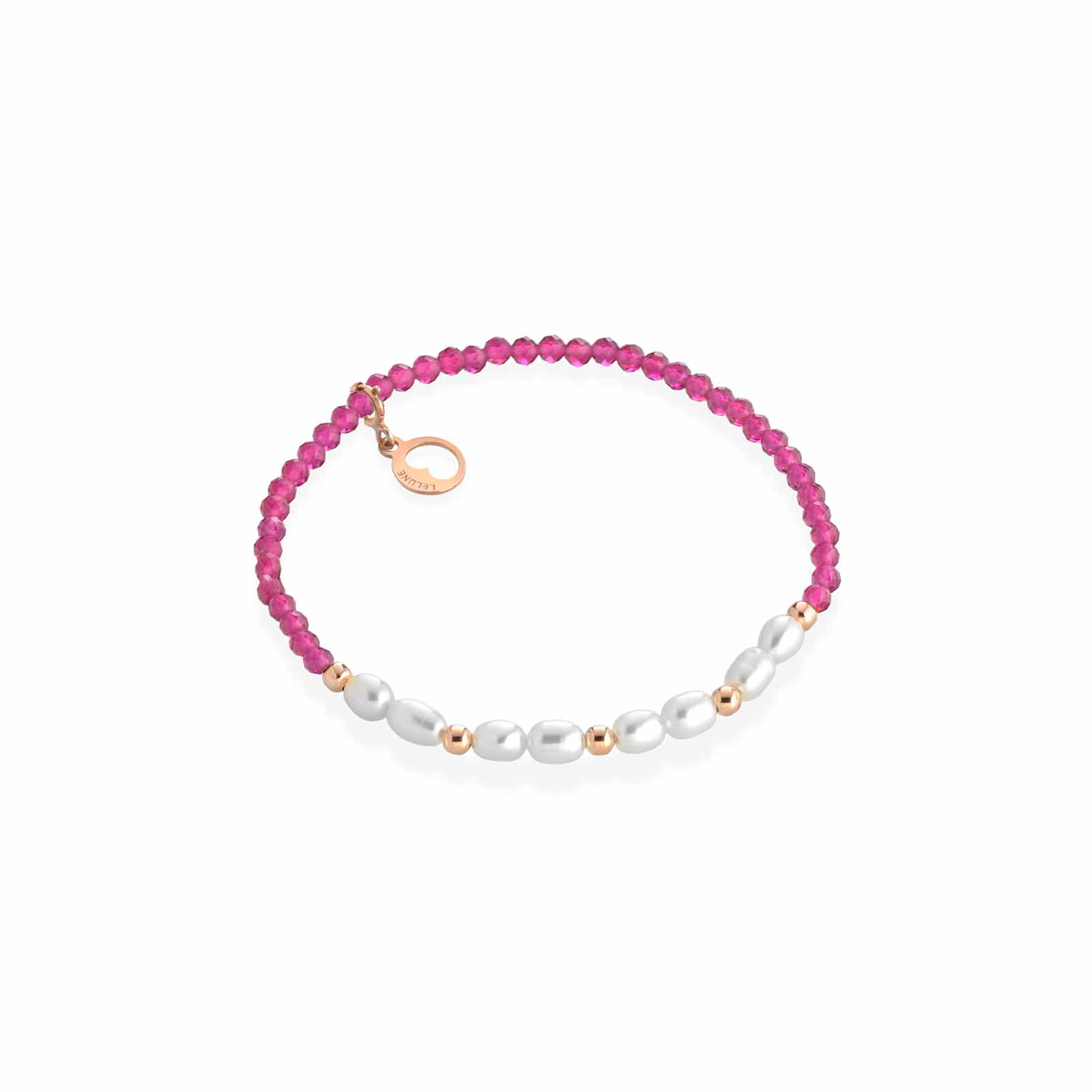 Bracciale elastico con spinello fuxia, argento rosa e perle d'acqua dolce