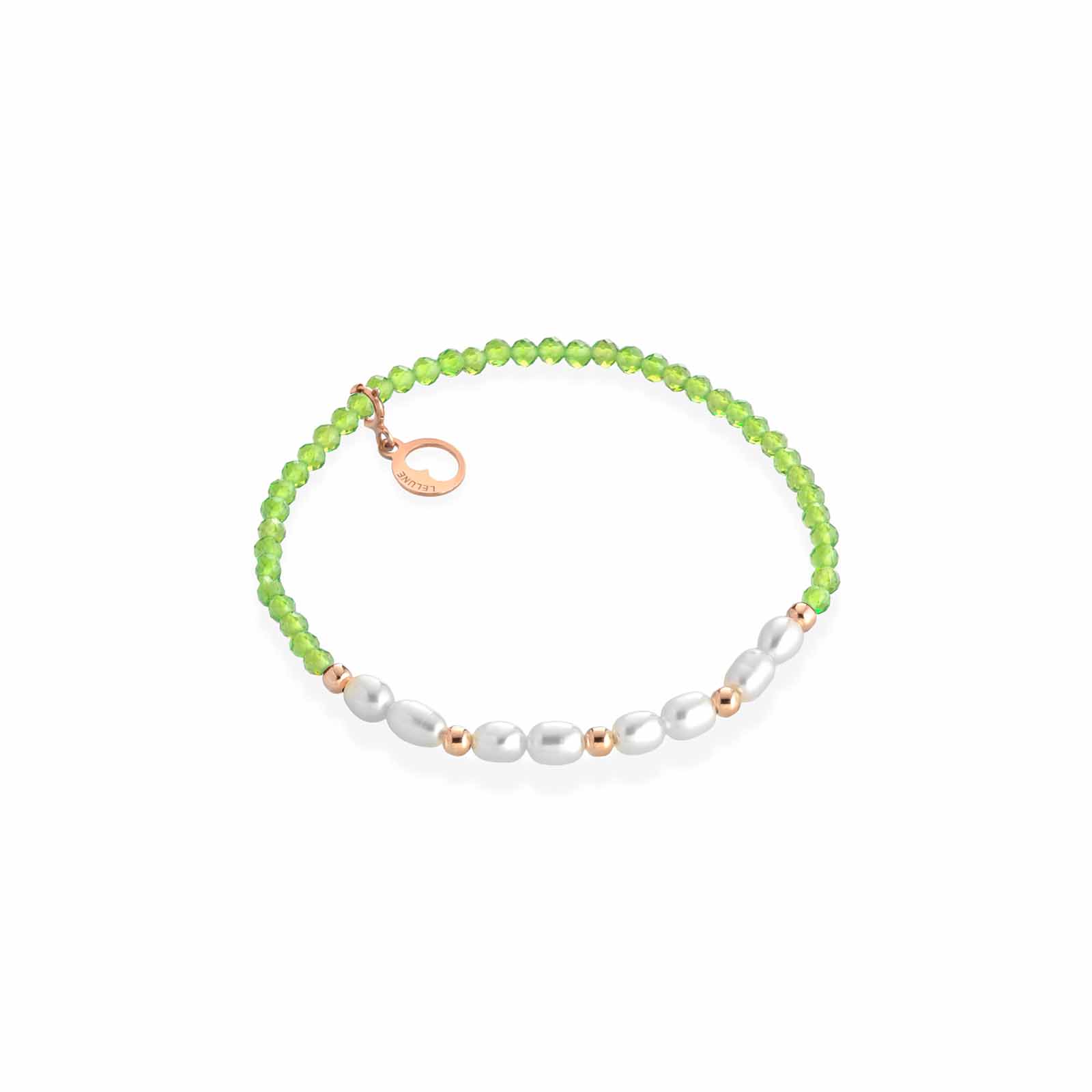 Bracciale elastico con peridoto, argento rosa e perle d'acqua dolce