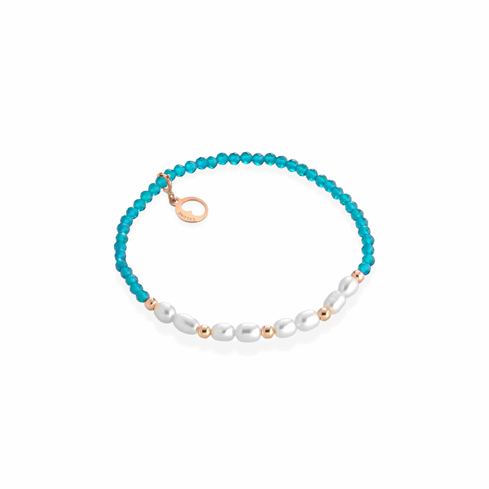 Bracciale elastico con spinello turchese, argento rosa e perle d'acqua dolce