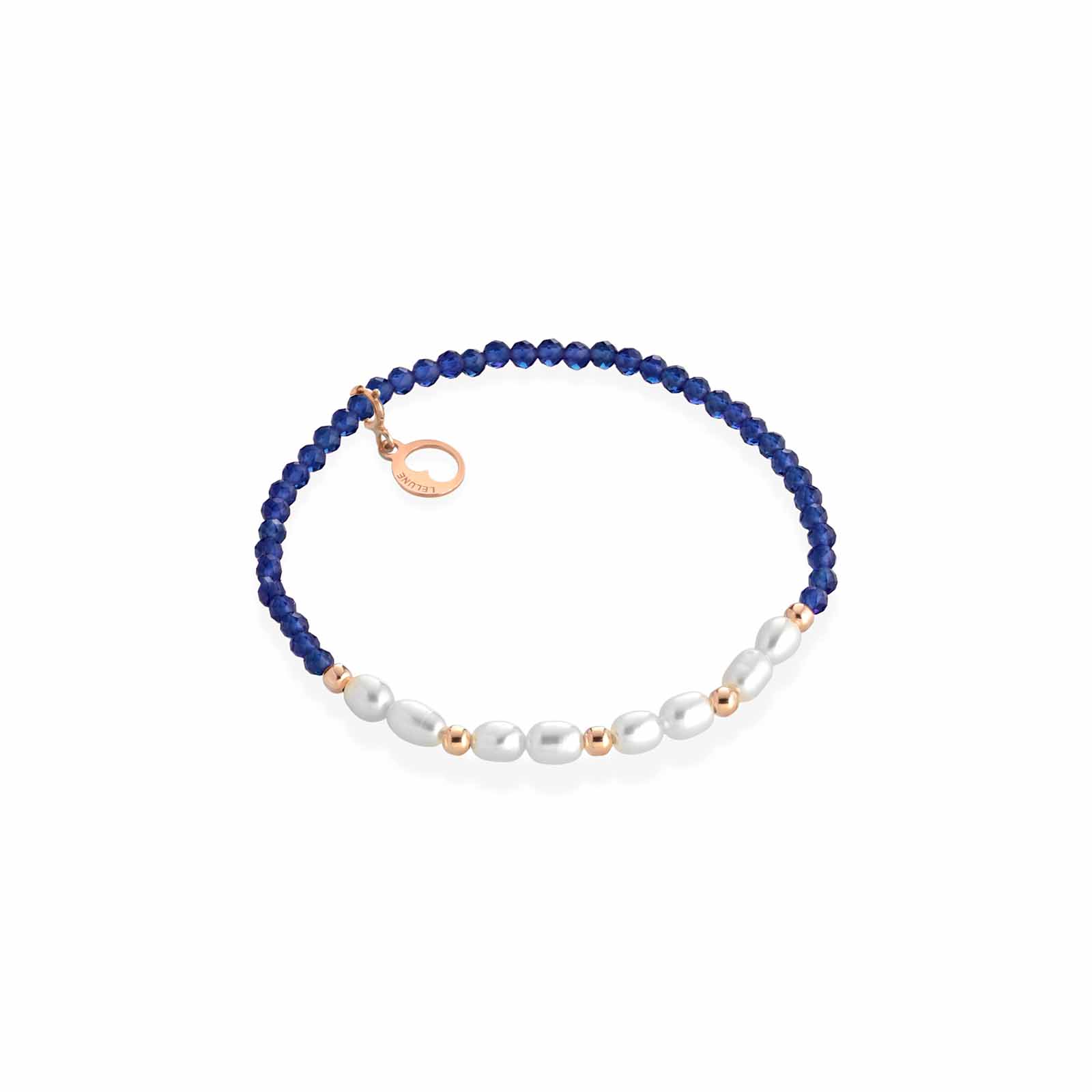Bracciale elastico con spinello blu, argento rosa e perle d'acqua dolce