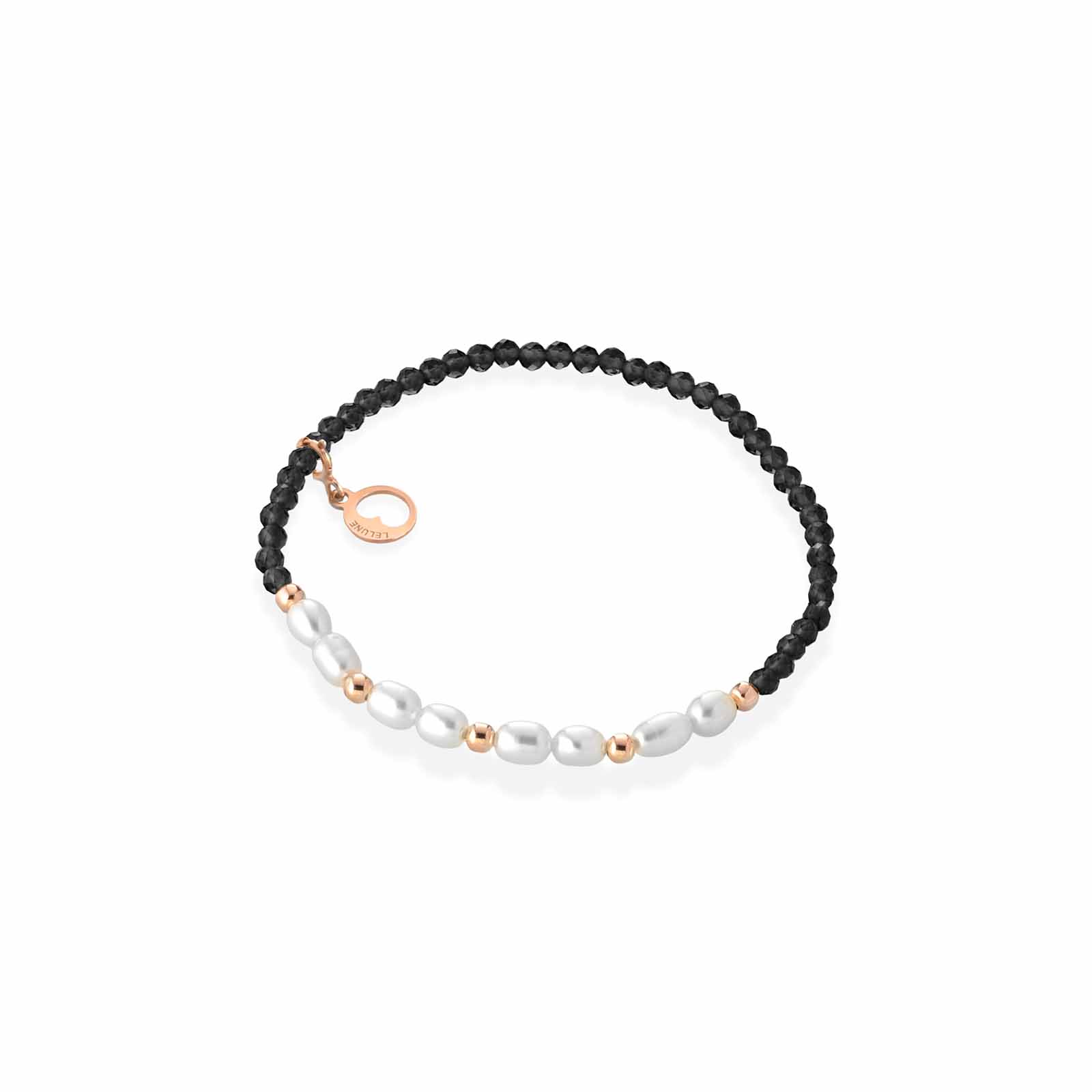 Bracciale elastico con spinello nero argento rosa e perle d'acqua dolce
