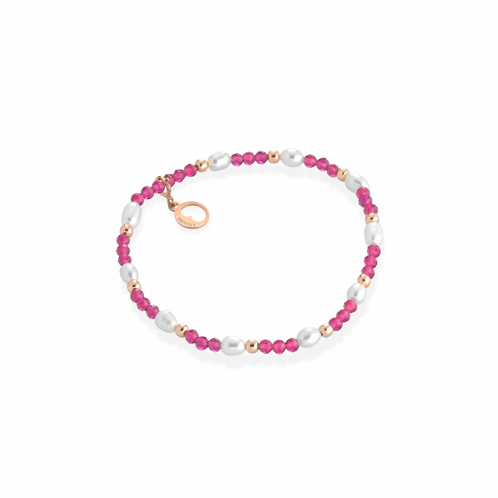Bracciale elastico con spinello fuxia, argento rosa e perle d'acqua dolce
