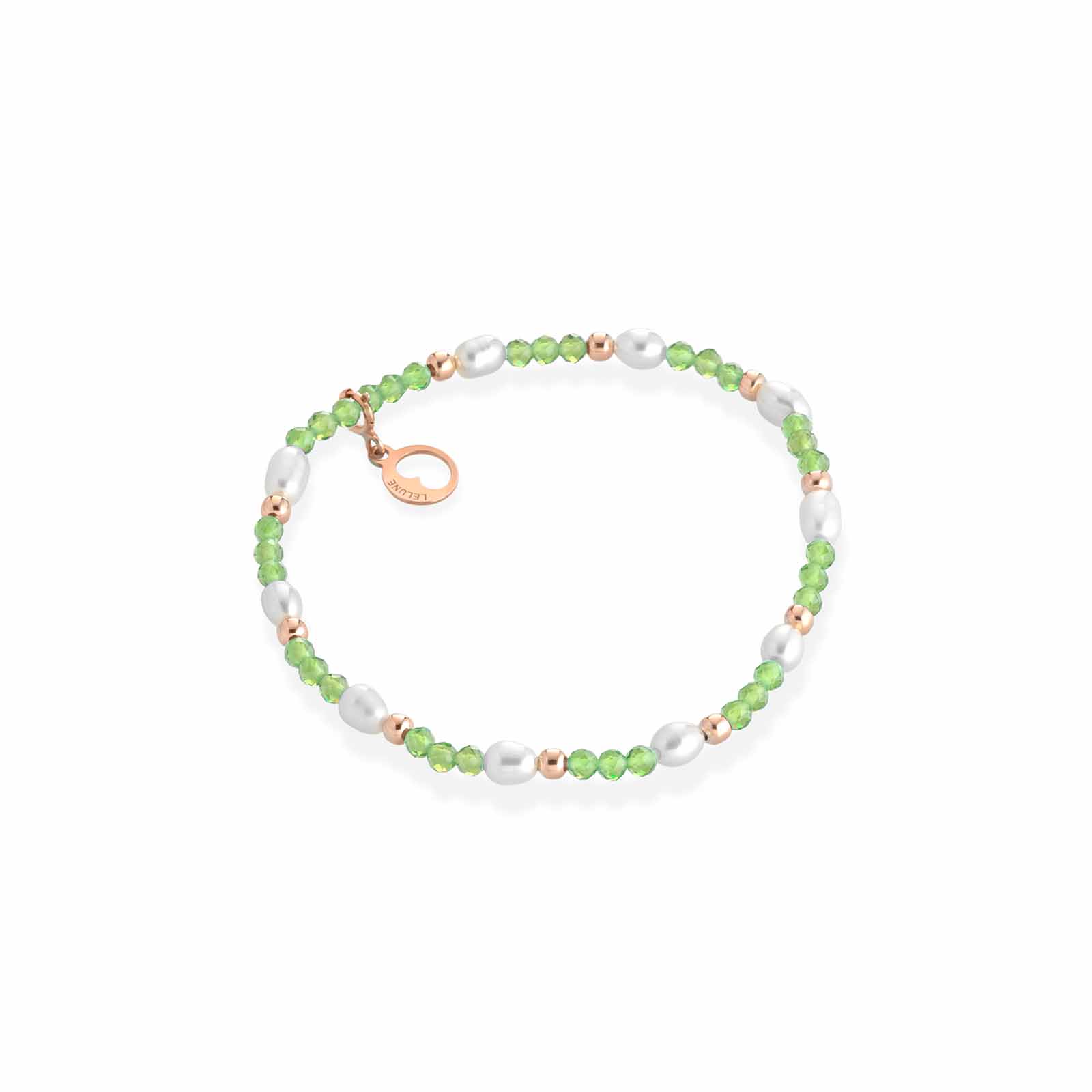 Bracciale elastico con peridoto, argento rosa e perle d'acqua dolce
