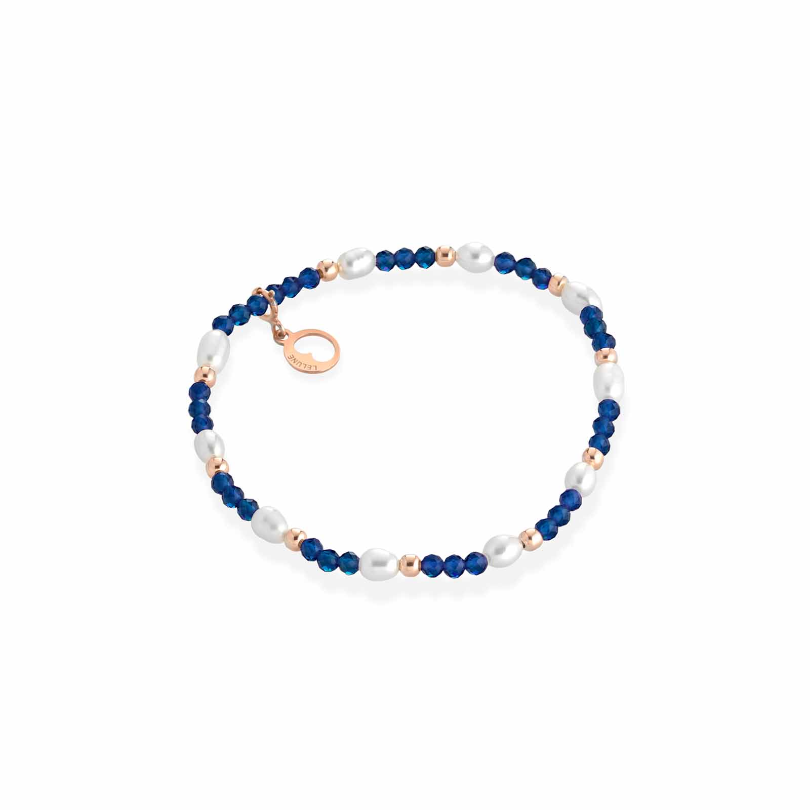 Bracciale elastico con spinello blu, argento rosa e perle d'acqua dolce