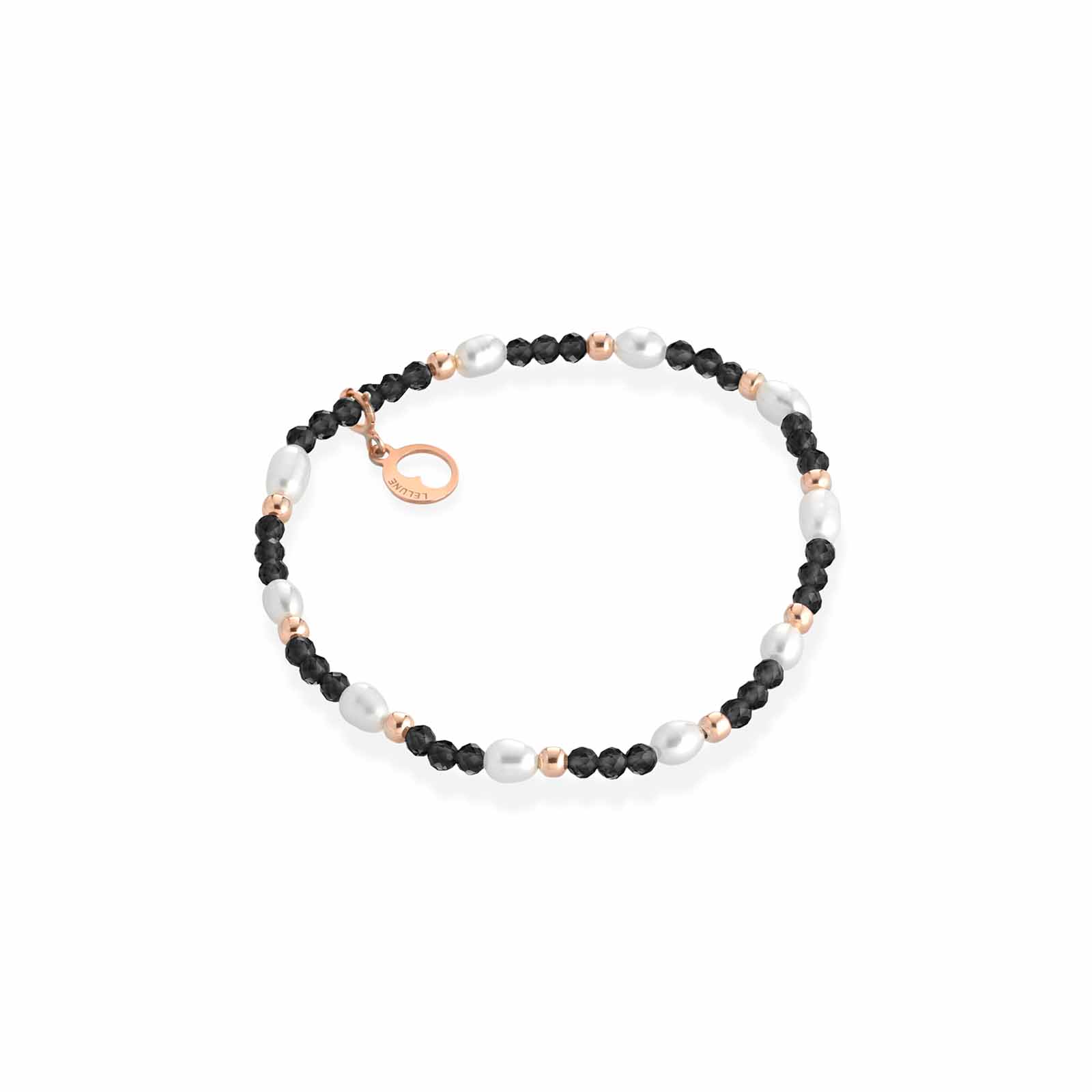 Bracciale elastico con spinello nero argento rosa e perle d'acqua dolce