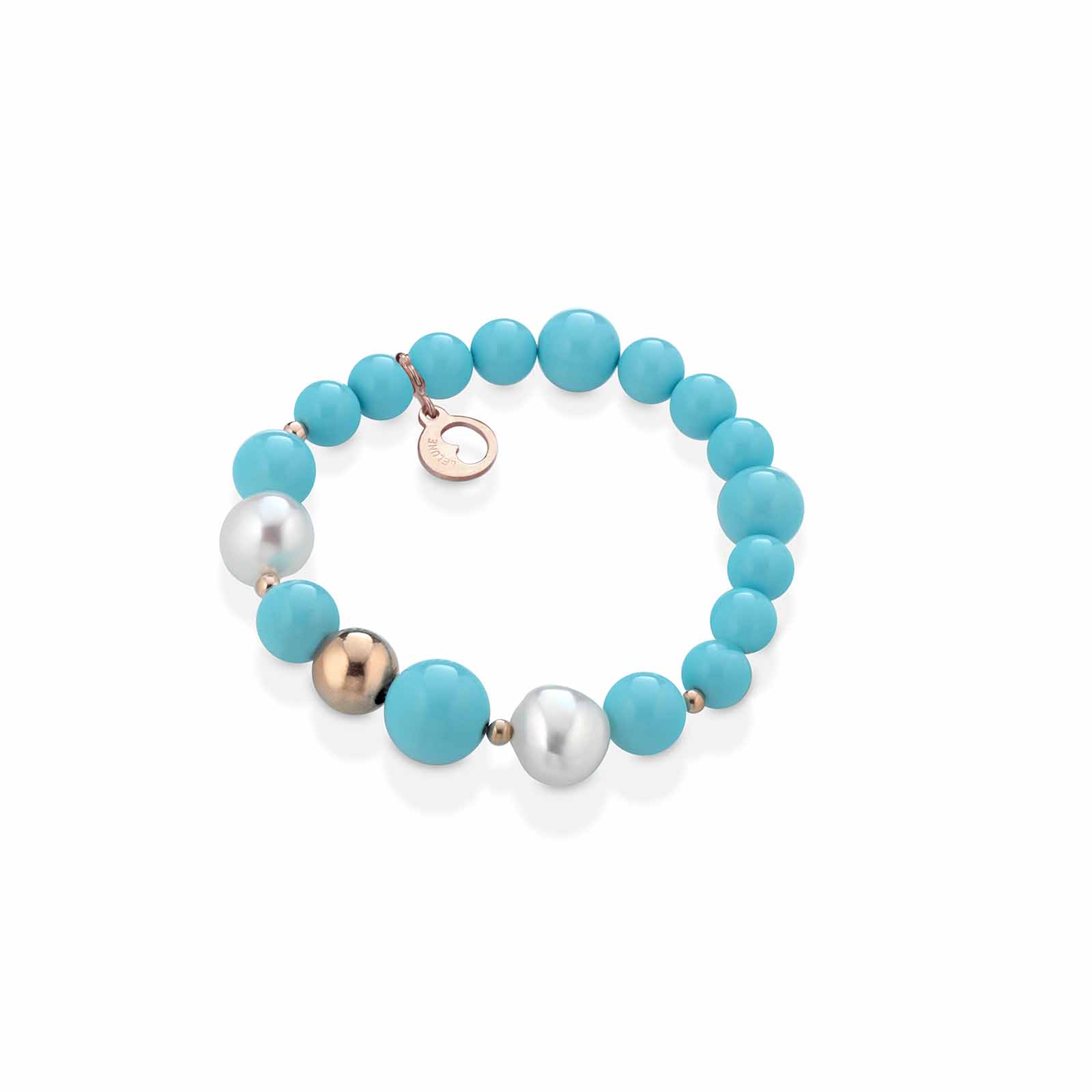 Bracciale elastico in pasta di turchese con argento rosa e perle d'acqua dolce