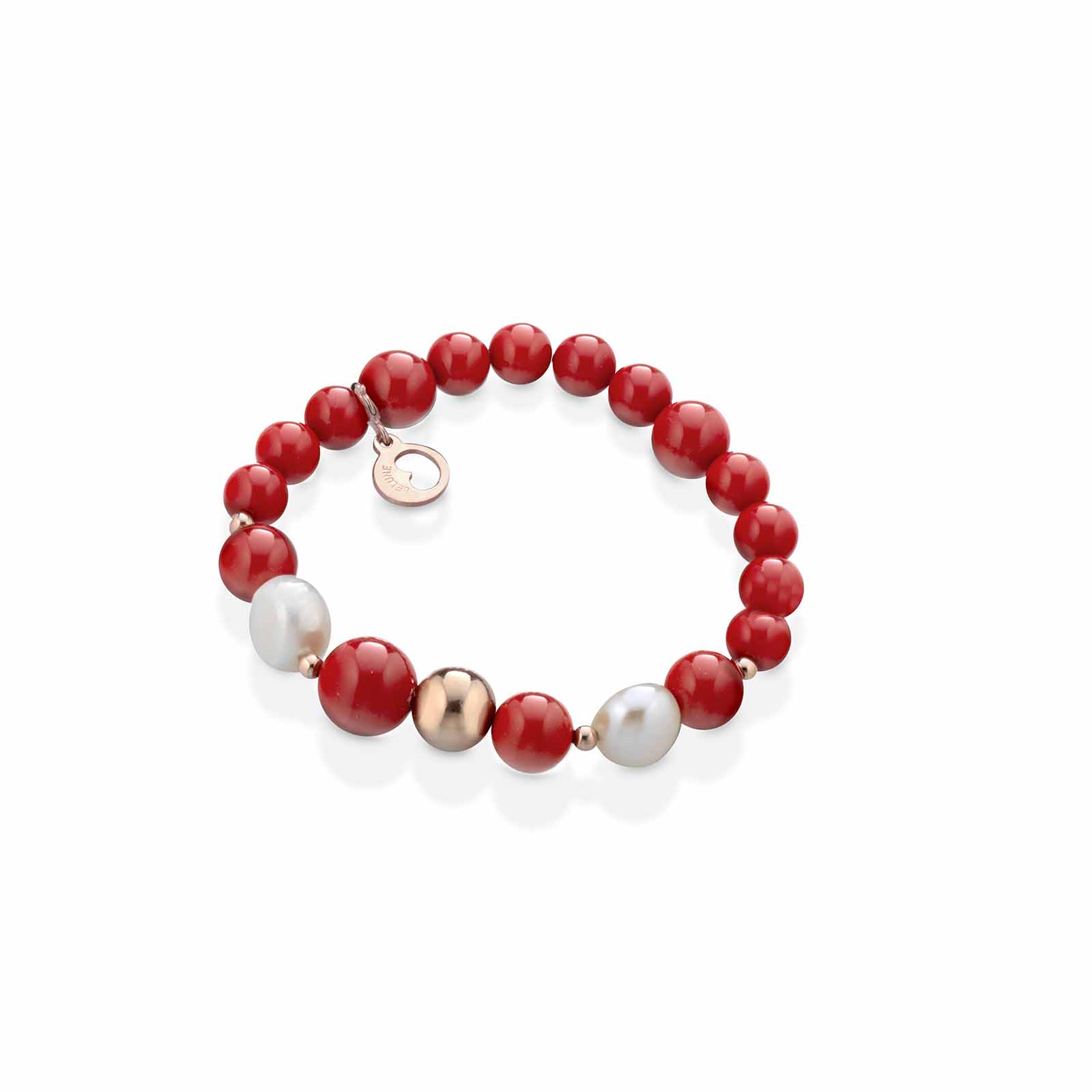 Bracciale elastico in pasta di corallo con argento rosa e perle d'acqua dolce