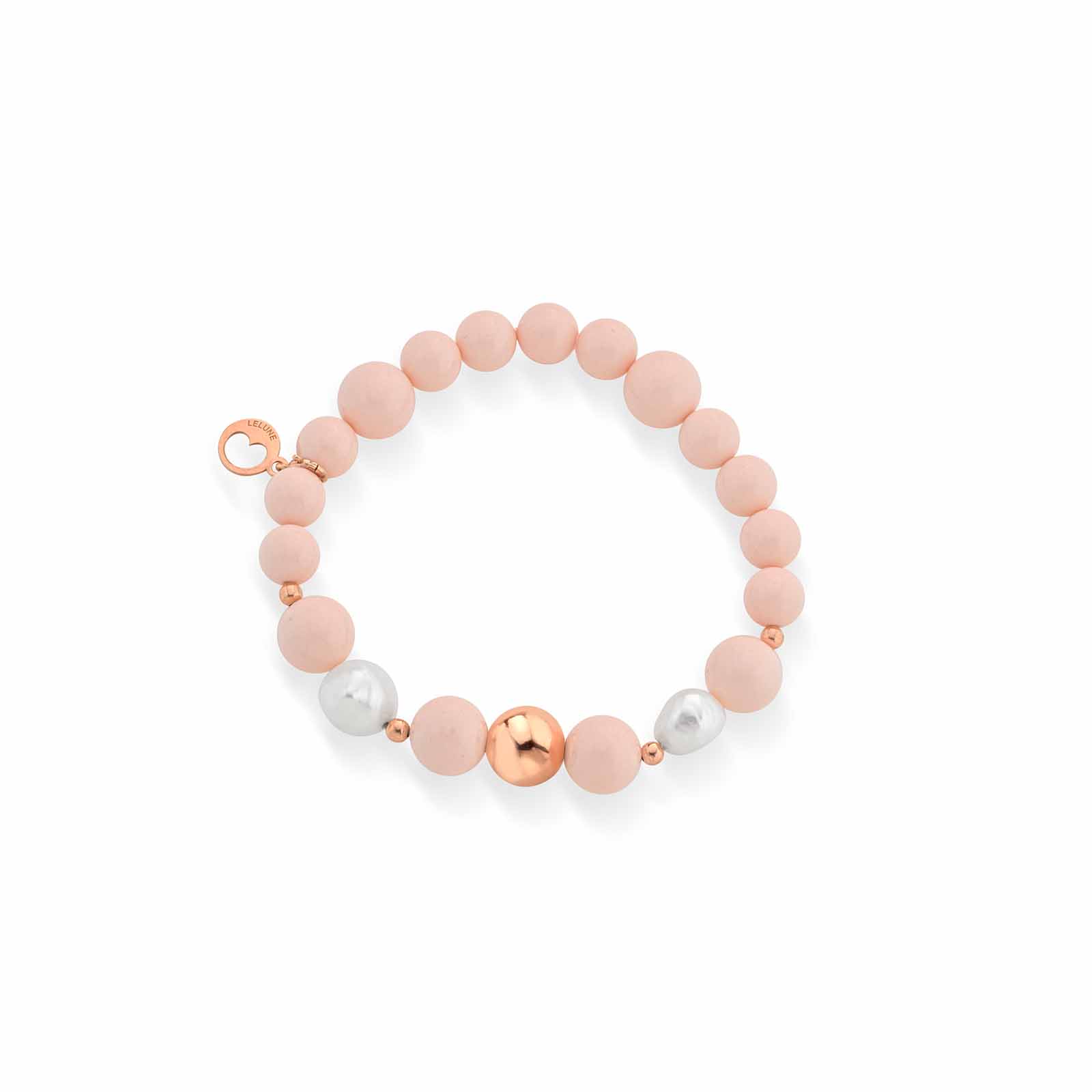 Bracciale elastico in pasta di corallo rosa con argento rosa e perle d'acqua dolce