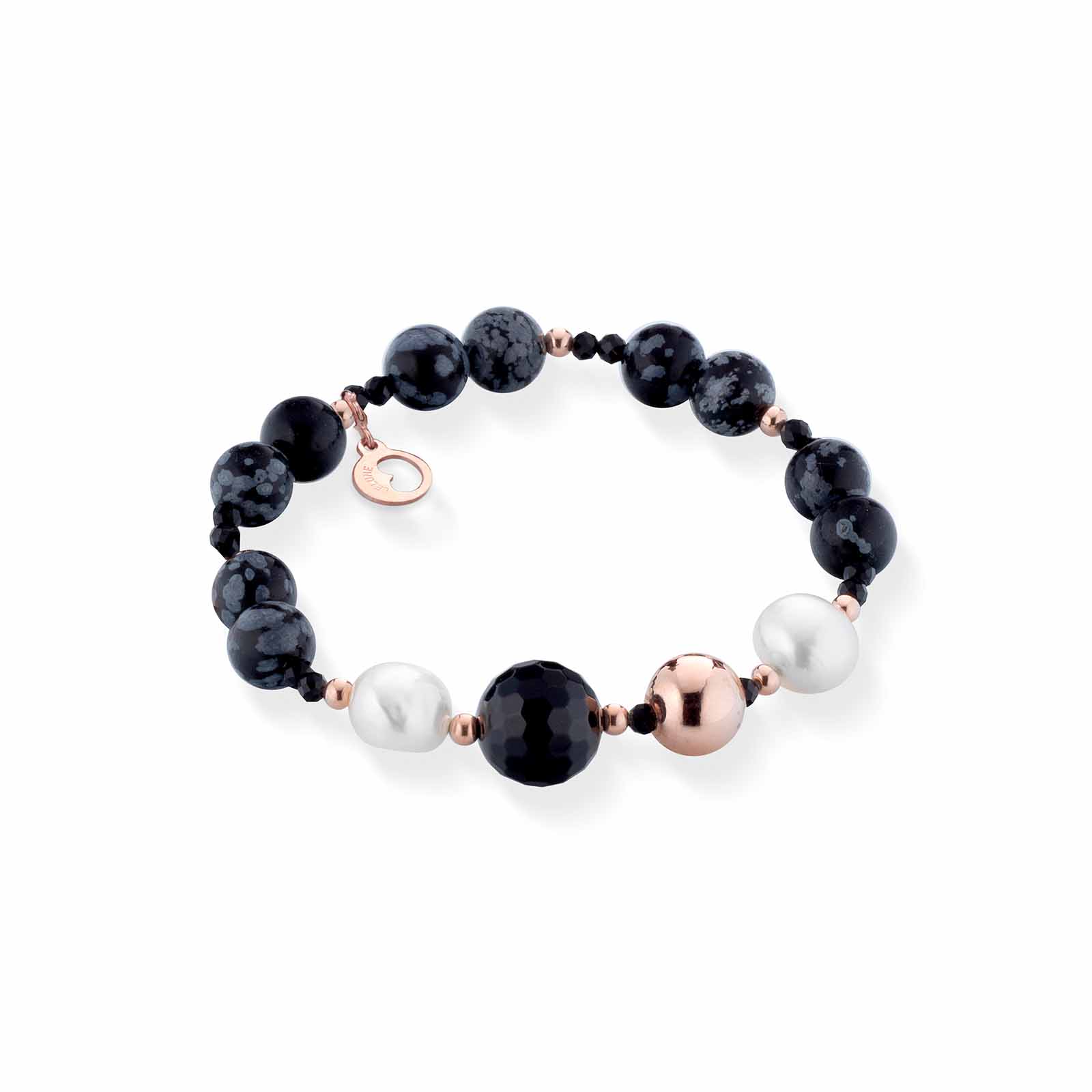 Bracciale con perle d'acqua dolce, AG925 rosa, spinello nero, agata nera e ossidiana