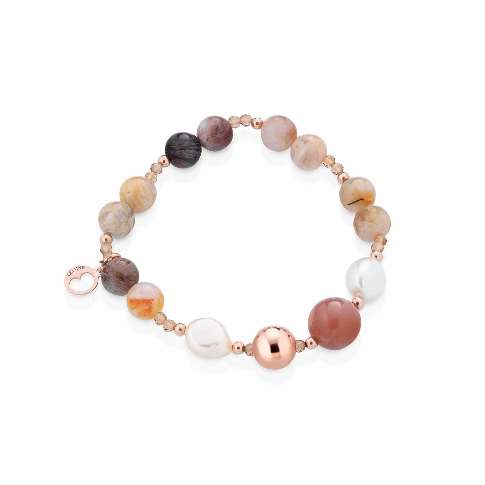 Bracciale con perle d'acqua dolce, AG925 rosa, spinello miele, moonstone e agata striata
