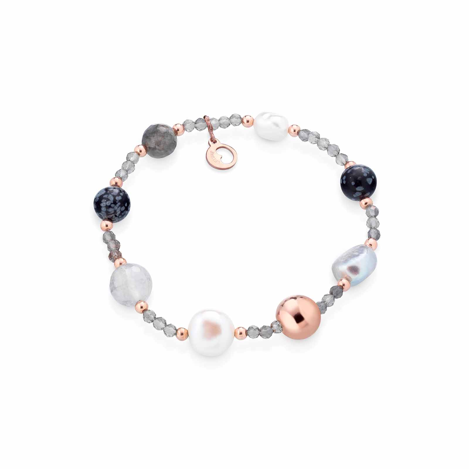 Bracciale con perle d'acqua dolce, AG925 rosa, spinello grigio, quarzo cloudy e ossidiana