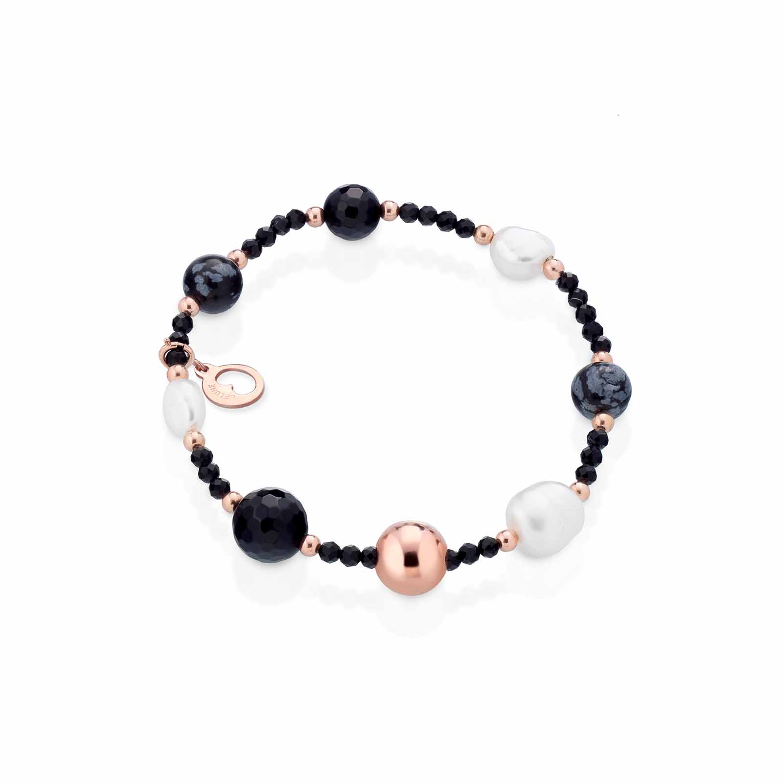 Bracciale con perle d'acqua dolce, AG925 rosa, spinello nero, agata nera e ossidiana