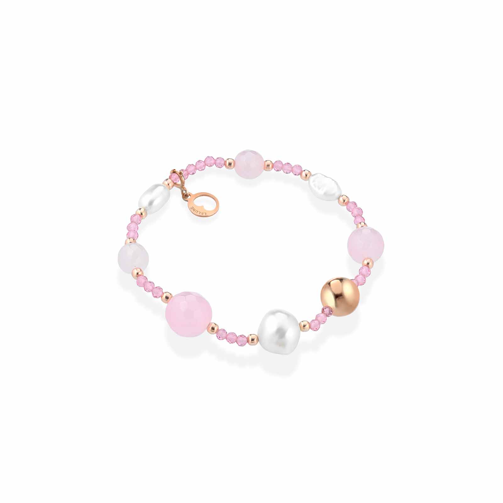 Bracciale elastico con spinello rosa, perle d'acqua dolce, giada rosa e argento rosa