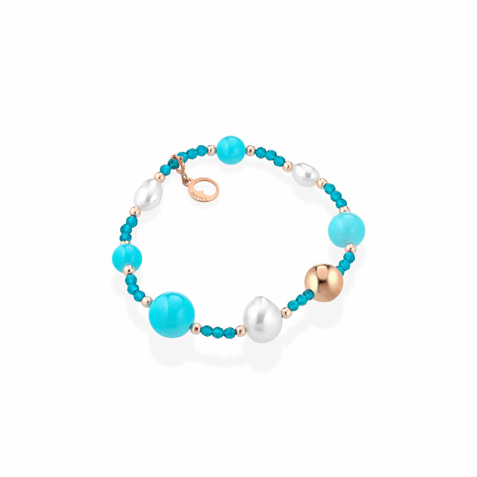Bracciale elastico con spinello turchese, perle d'acqua dolce, pasta di turchese e argento rosa