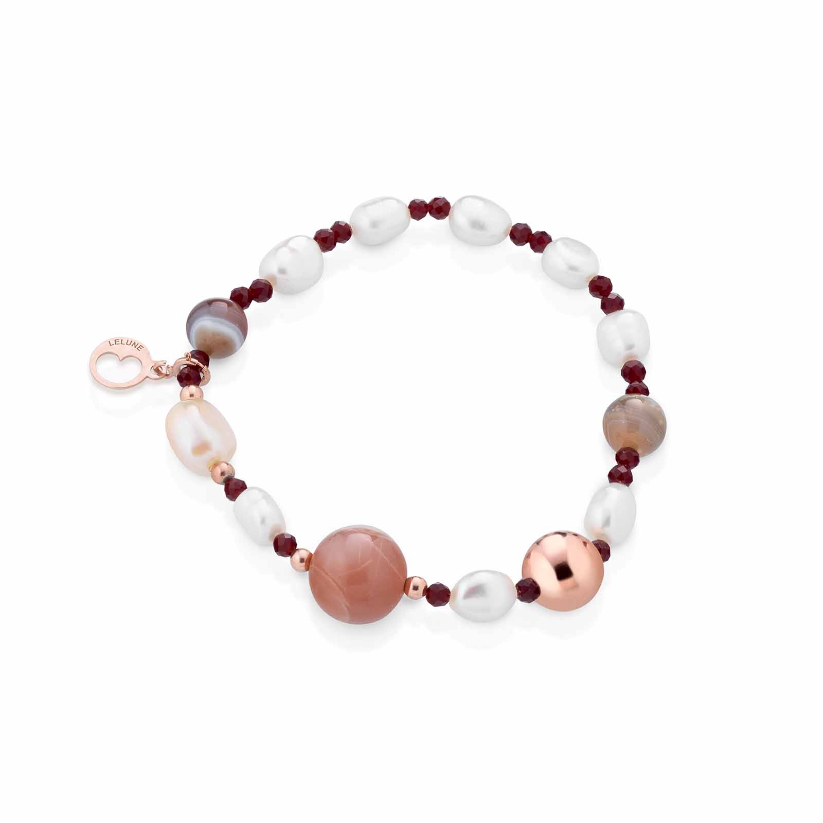 Bracciale con perle d'acqua dolce, AG925 rosa, spinello ciliegia, moonstone e agata Botswana