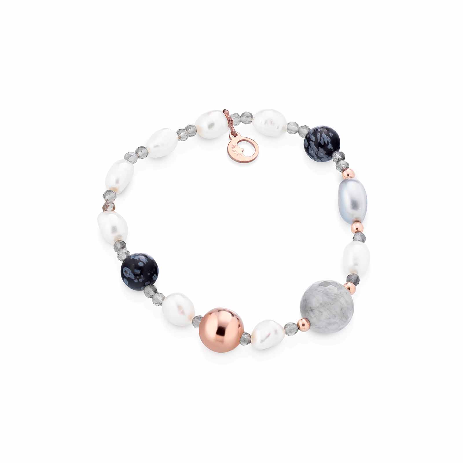 Bracciale con perle d'acqua dolce, AG925 rosa, spinello grigio, quarzo cloudy e ossidiana