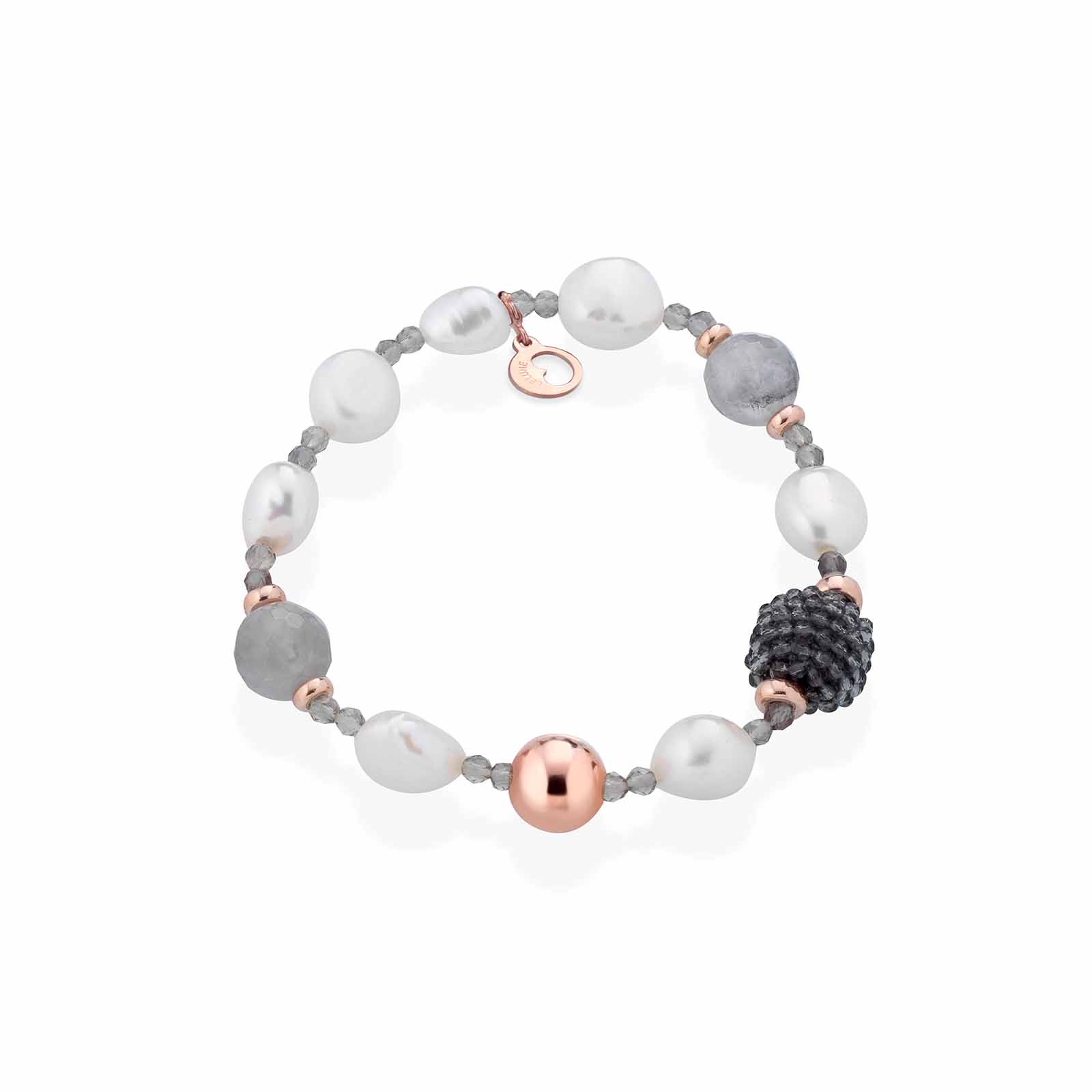 Bracciale con perle d'acqua dolce, AG925 rosa, spinello grigio e quarzo cloudy