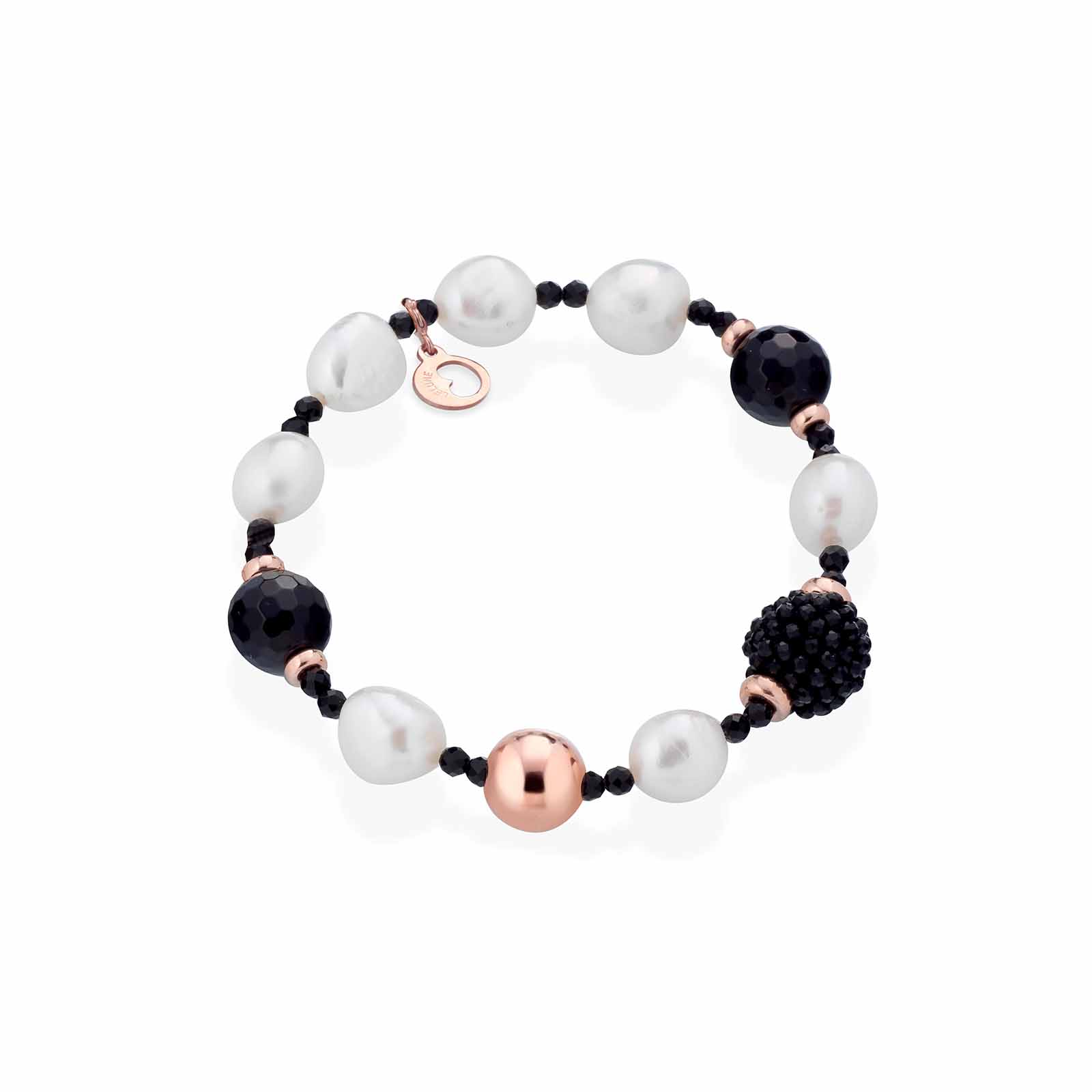 Bracciale con perle d'acqua dolce, AG925 rosa, spinello nero e agata nera