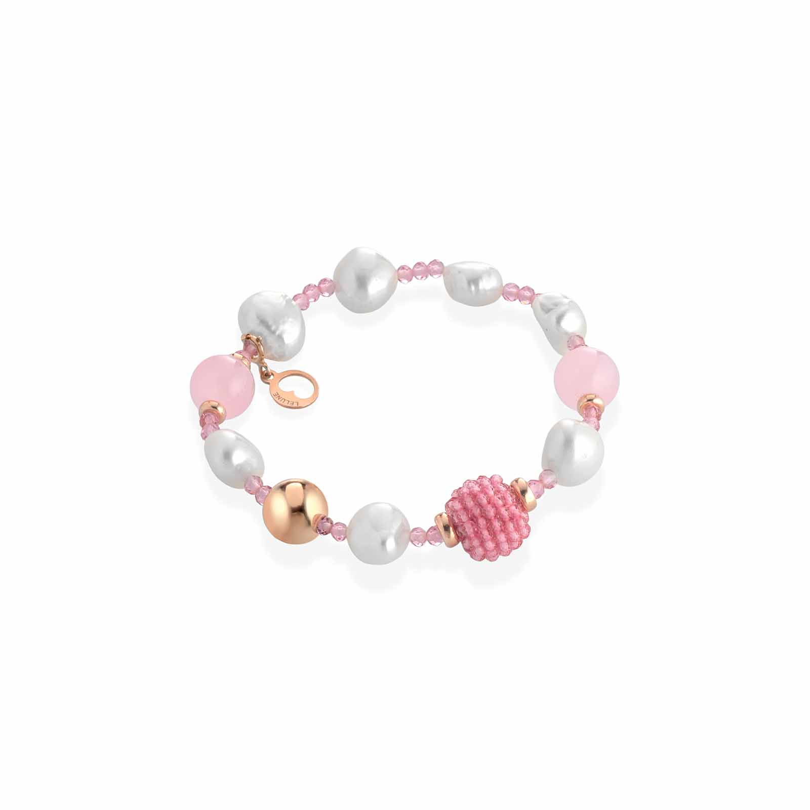 Bracciale elastico con spinello rosa, perle d'acqua dolce, giada rosa e argento rosa