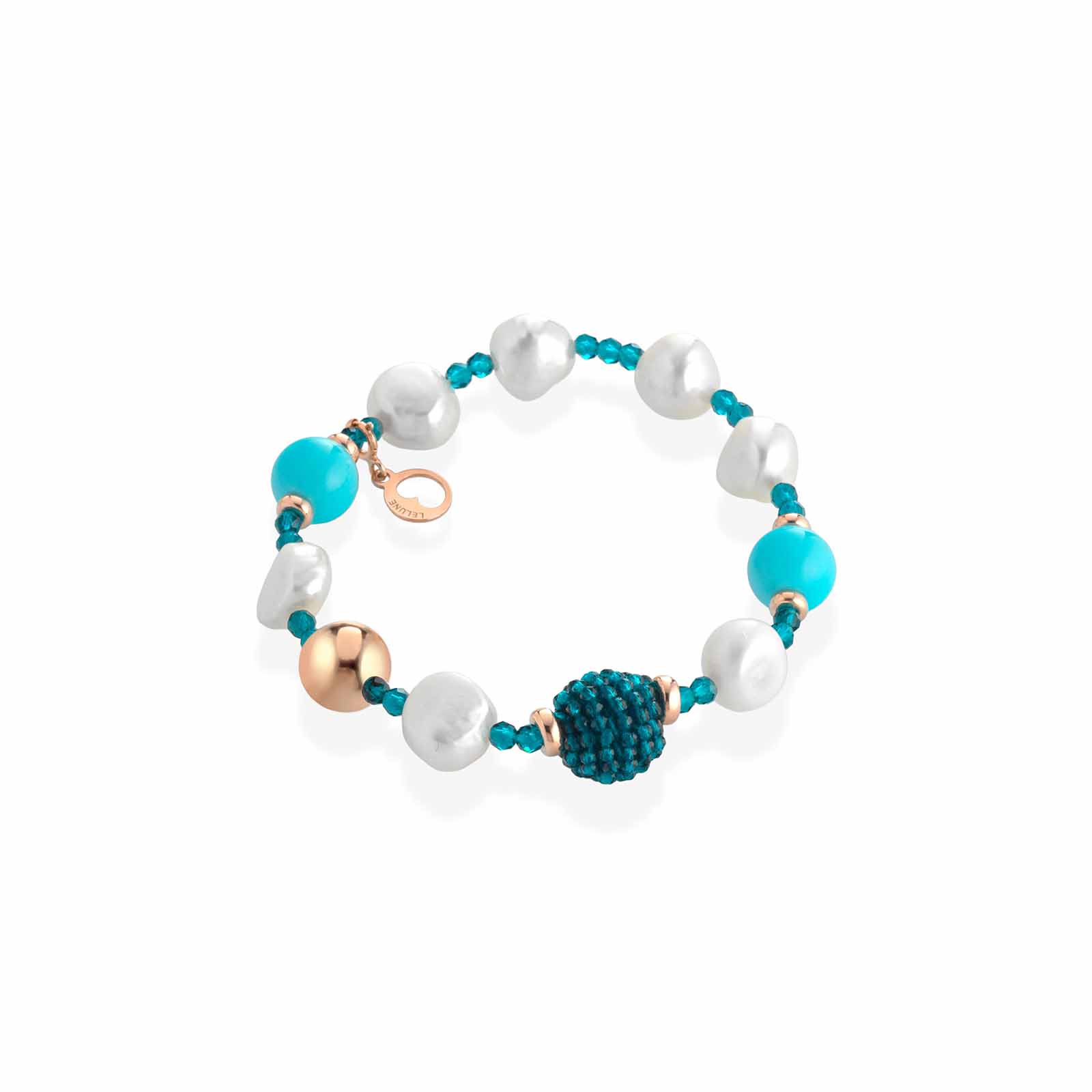 Bracciale elastico con spinello turchese, perle d'acqua dolce, pasta di turchese e argento rosa