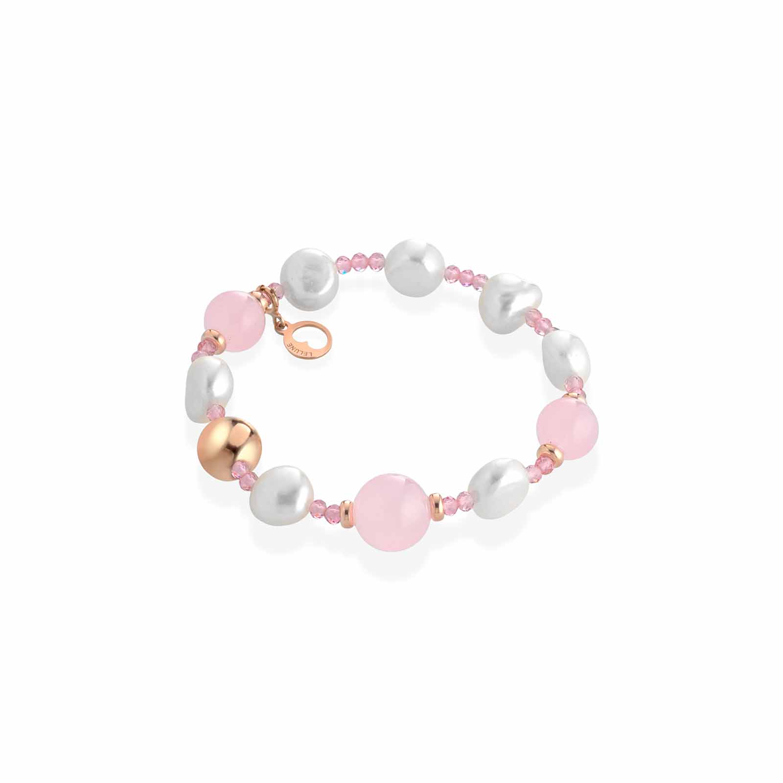 Bracciale elastico con spinello rosa, perle d'acqua dolce, giada rosa e argento rosa