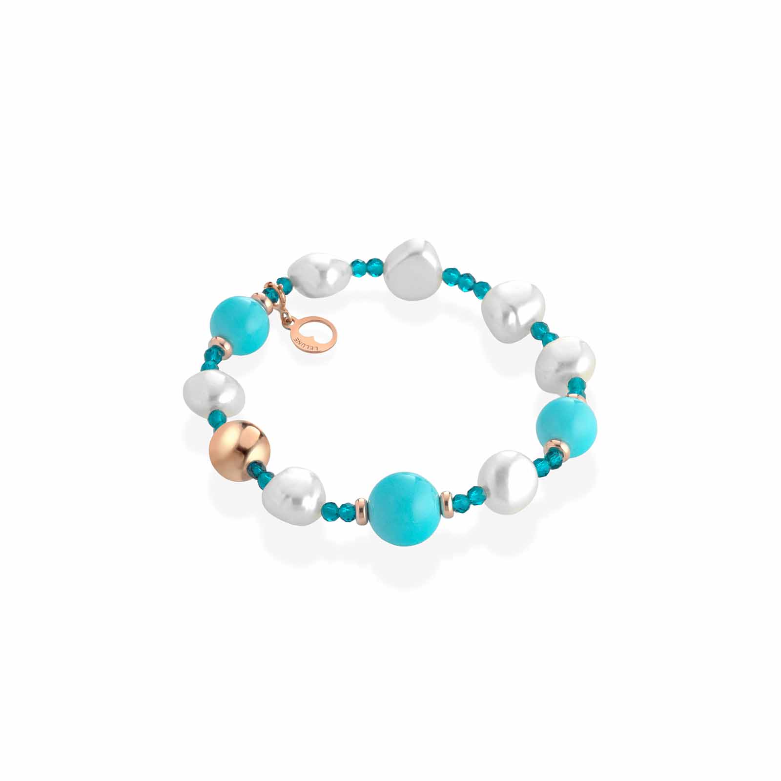 Bracciale elastico con spinello turchese, perle d'acqua dolce, pasta di turchese e argento rosa