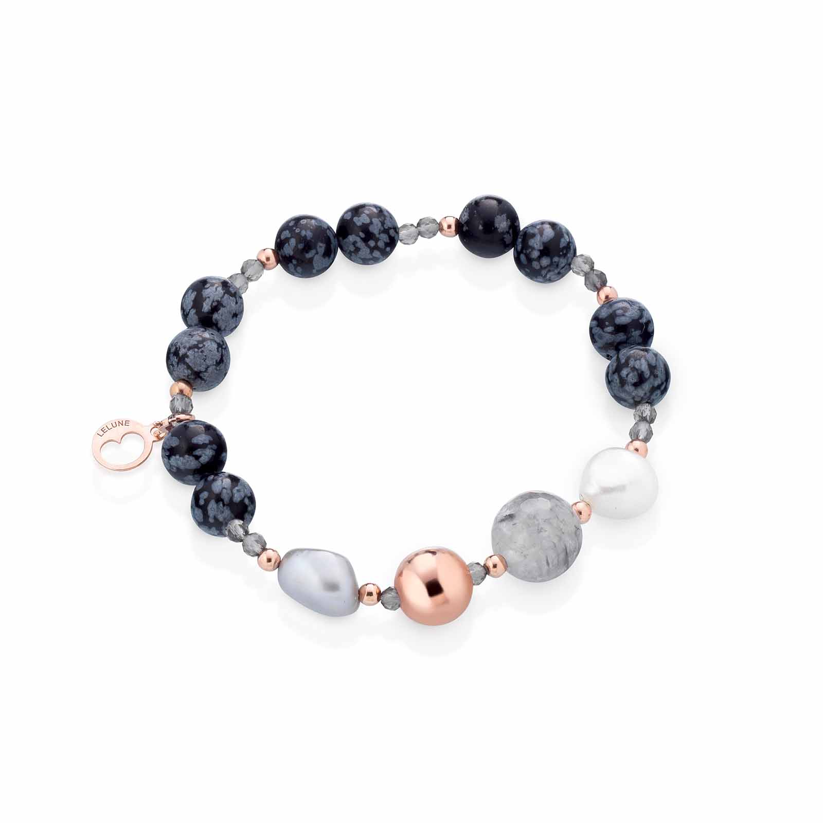 Bracciale con perle d'acqua dolce, AG925 rosa, spinello grigio, quarzo cloudy e ossidiana