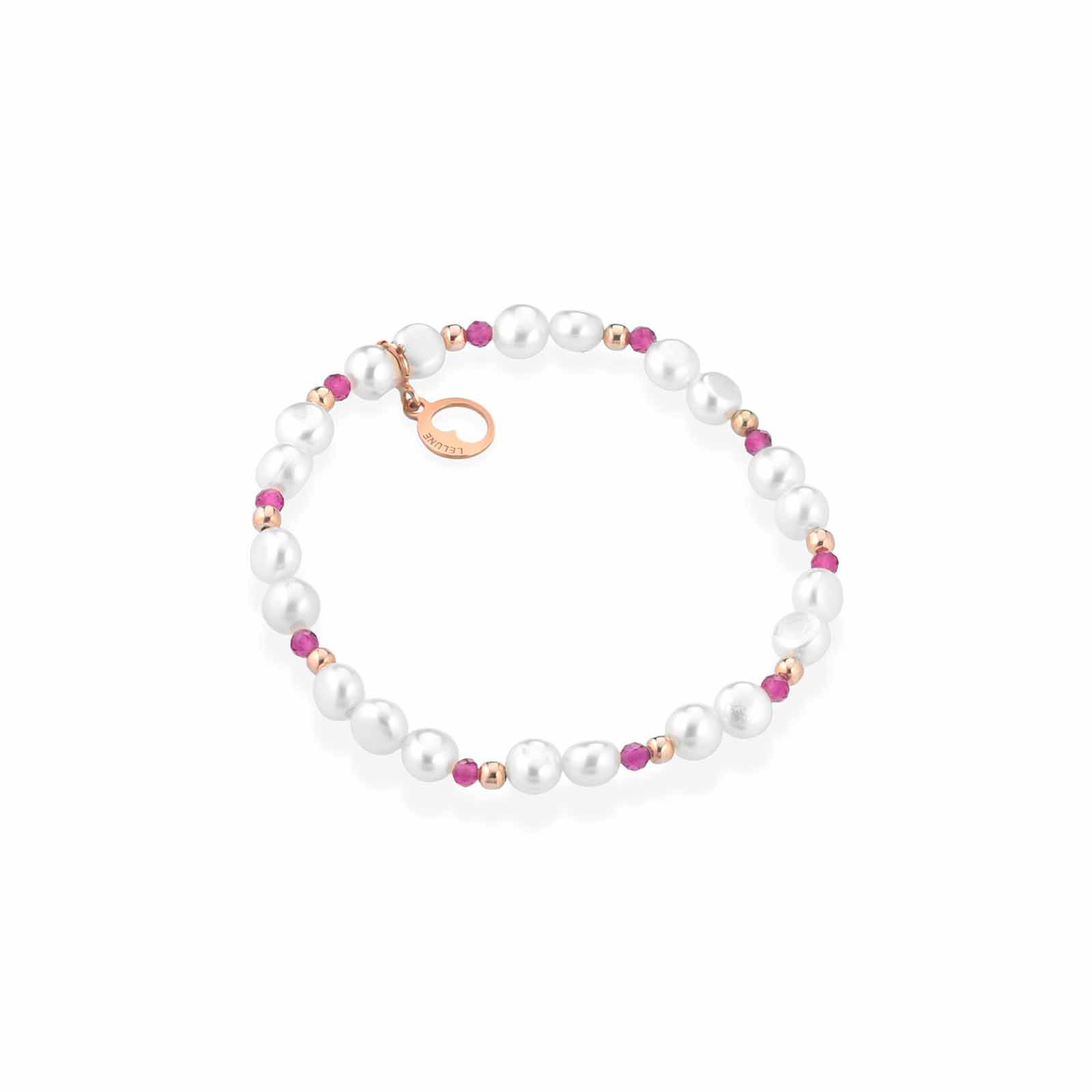 Bracciale elastico con perle d'acqua dolce, argento rosa e spinello fuxia