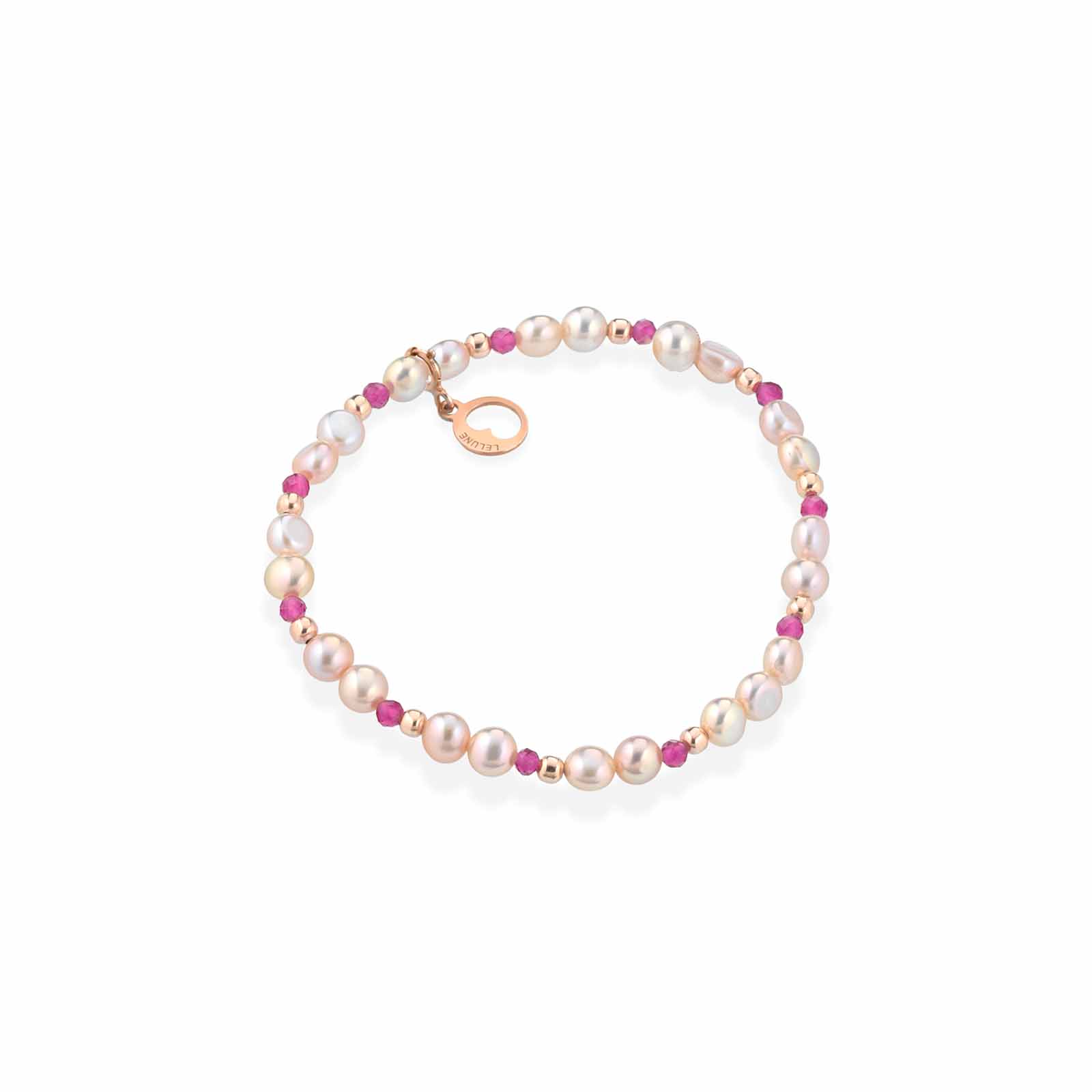 Bracciale elastico con perle d'acqua dolce rosa, argento rosa e spinello fuxia