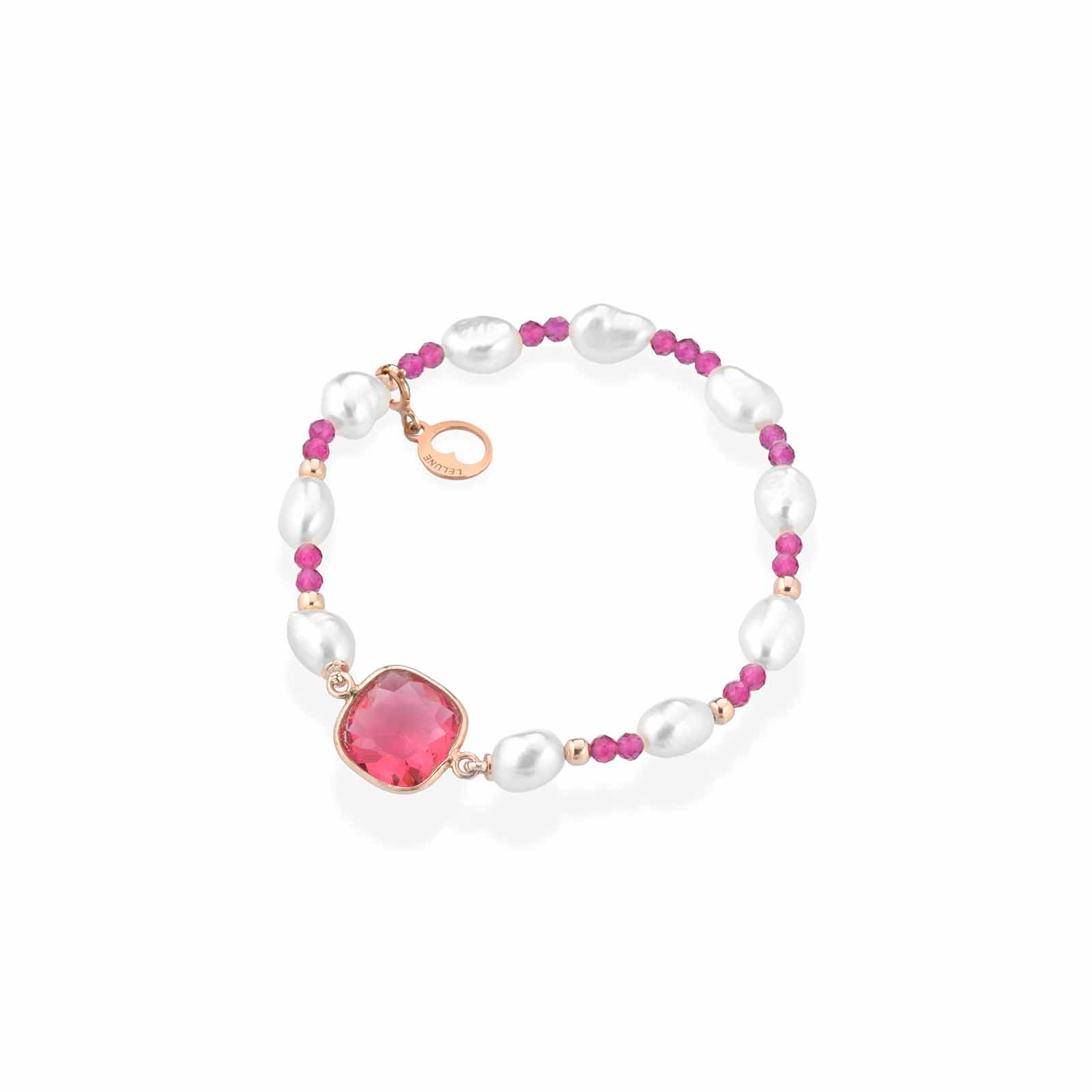 Bracciale elastico con perle d'acqua dolce, argento rosa, spinello fuxia e cristallo fuxia