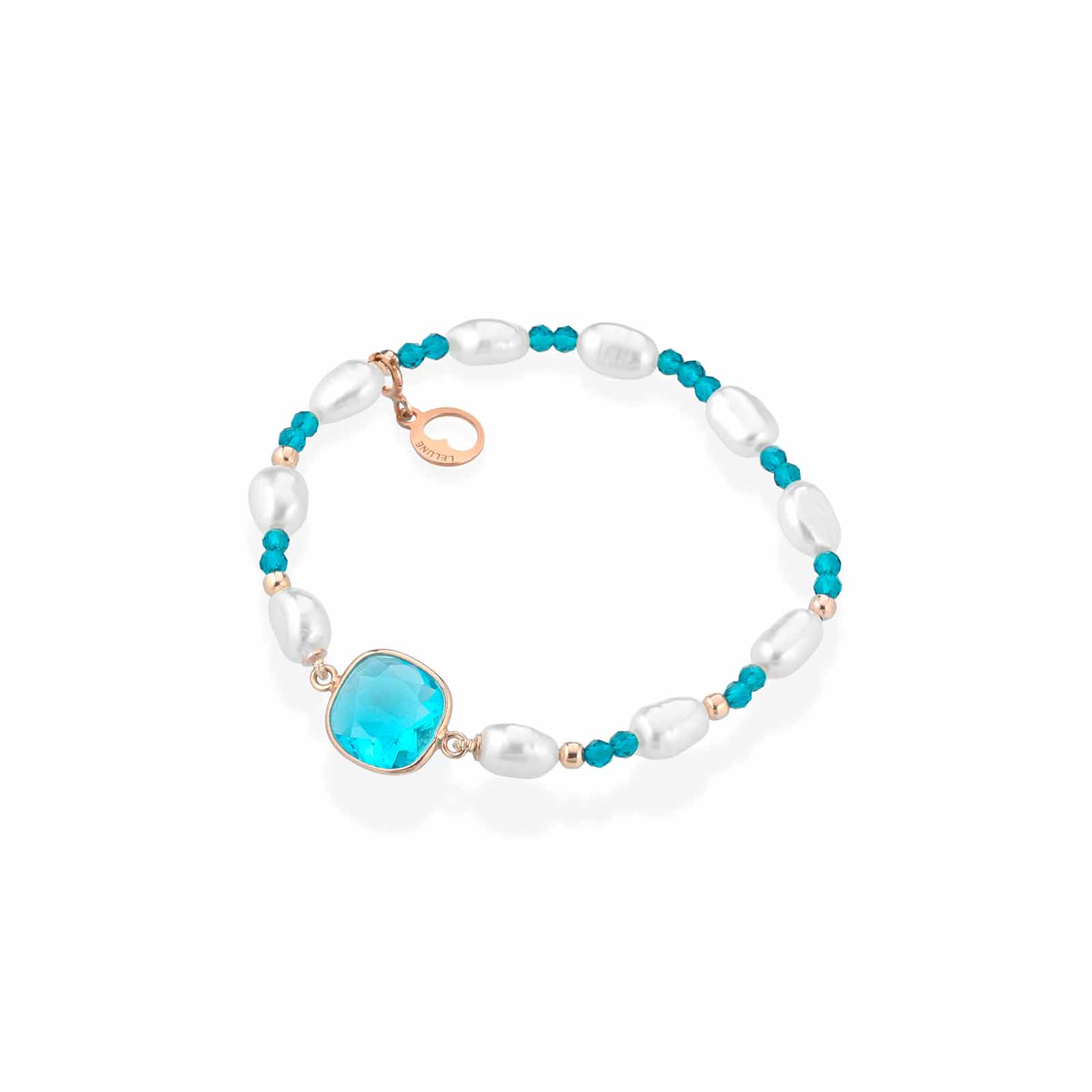 Bracciale elastico con perle d'acqua dolce, argento rosa, spinello turchese e cristallo turchese