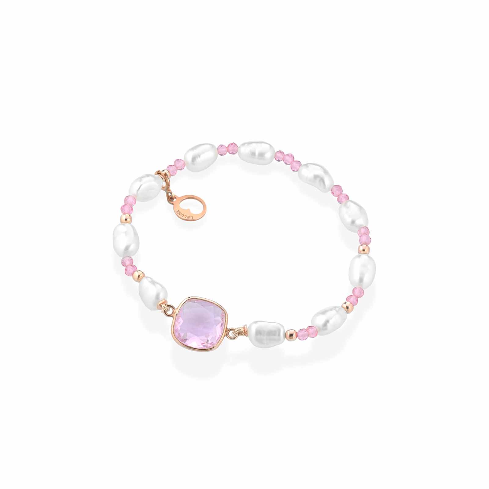 Bracciale elastico con perle d'acqua dolce, argento rosa, spinello rosa e cristallo rosa