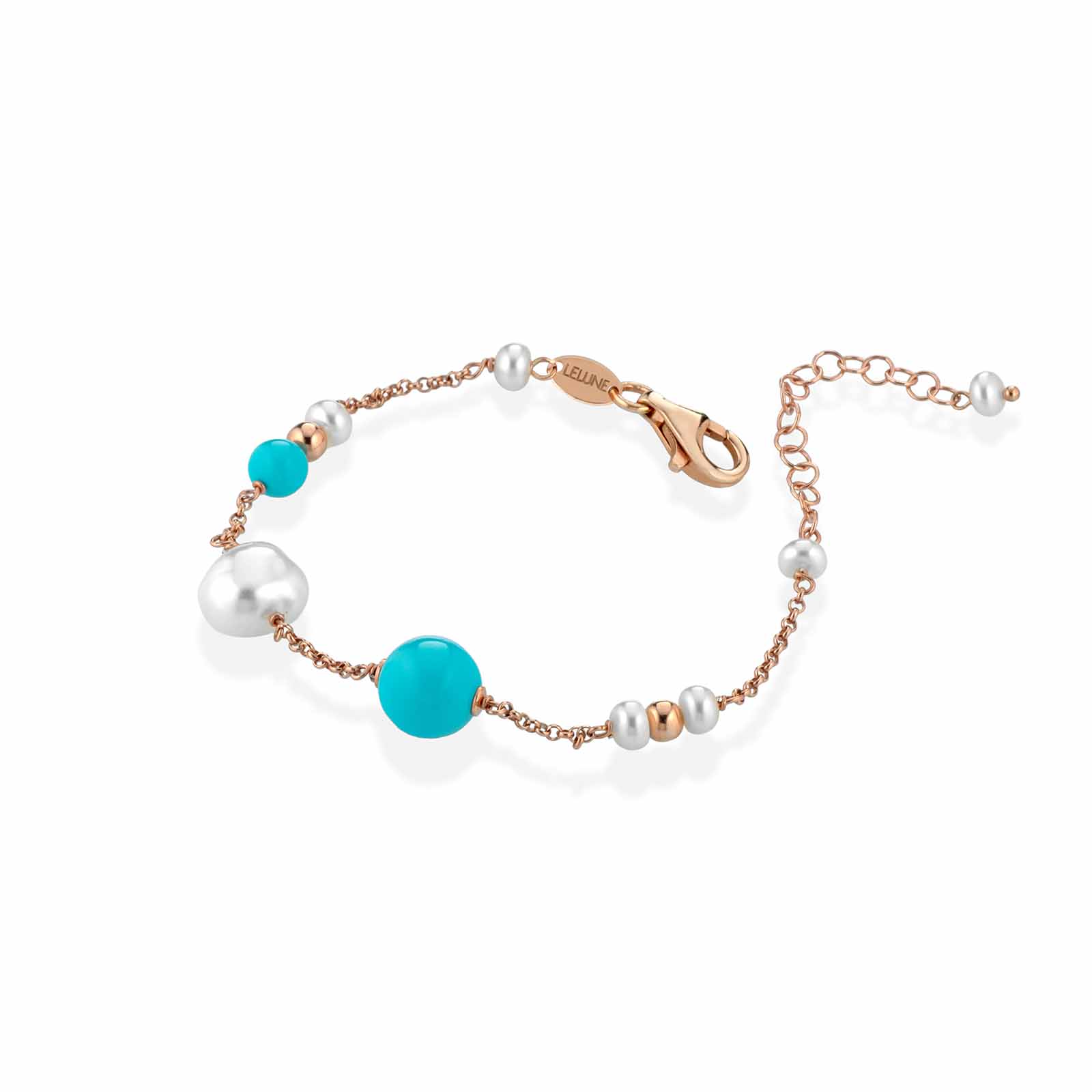 Bracciale in argento rosa con pasta di turchese e perle d'acqua dolce