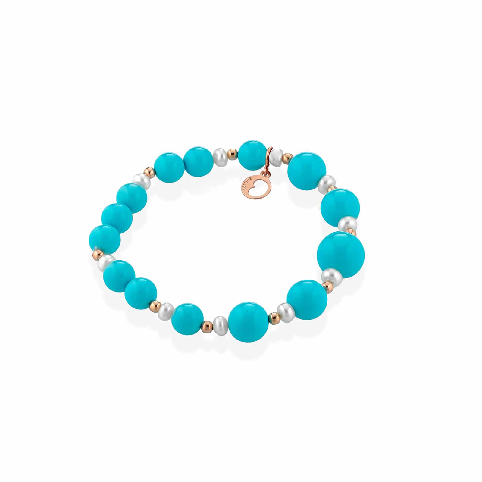 Bracciale elastico in pasta di turchese con argento rosa e perle d'acqua dolce