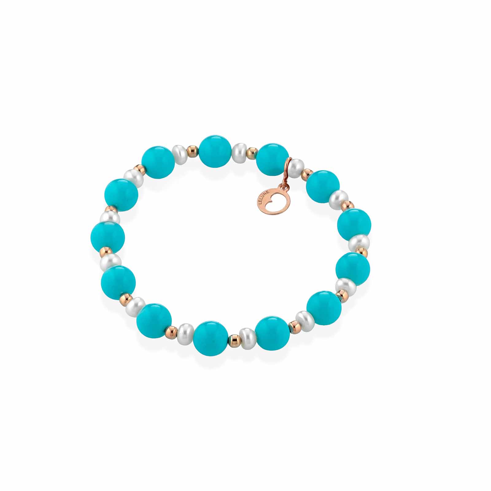 Bracciale elastico in pasta di turchese con argento rosa e perle d'acqua dolce
