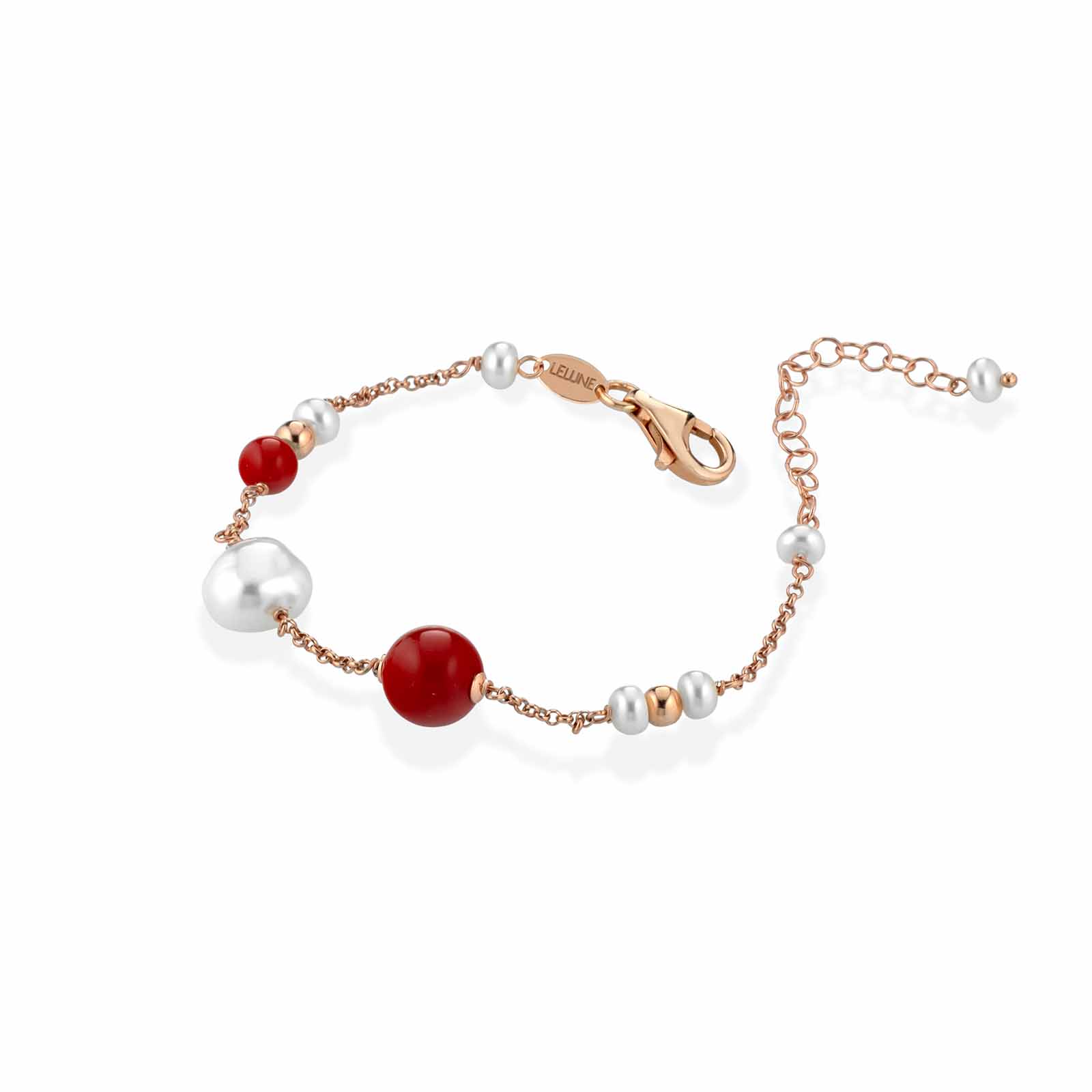 Bracciale in argento rosa con pasta di corallo e perle d'acqua dolce