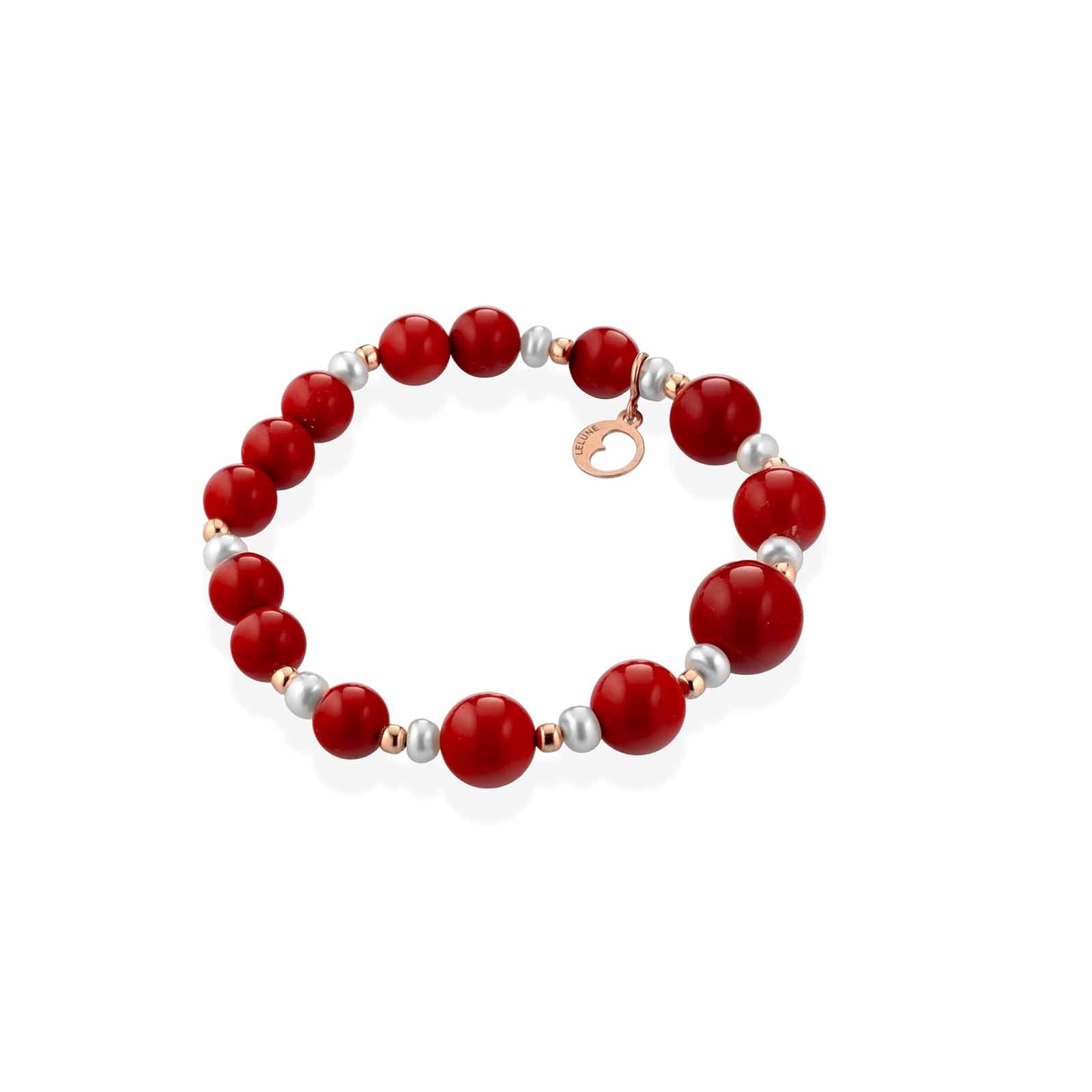 Bracciale elastico in pasta di corallo, argento rosa e perle d'acqua dolce