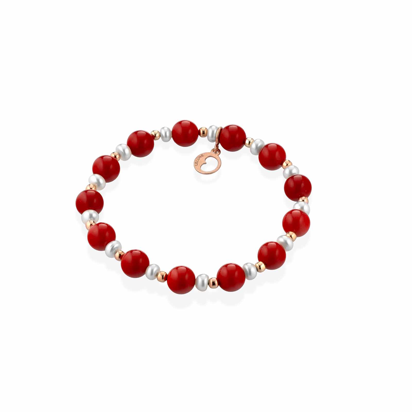 Bracciale elastico in pasta di corallo, argento rosa e perle d'acqua dolce