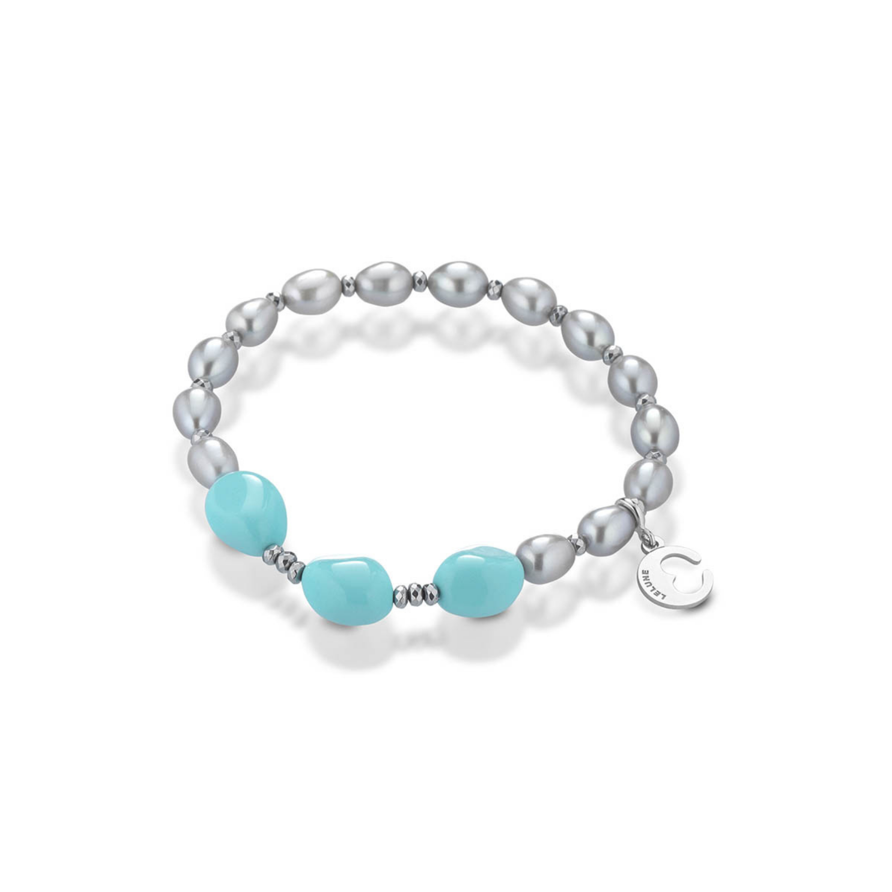 Turquoise | Bracciale con perle grigie, turchese, argento e pietre